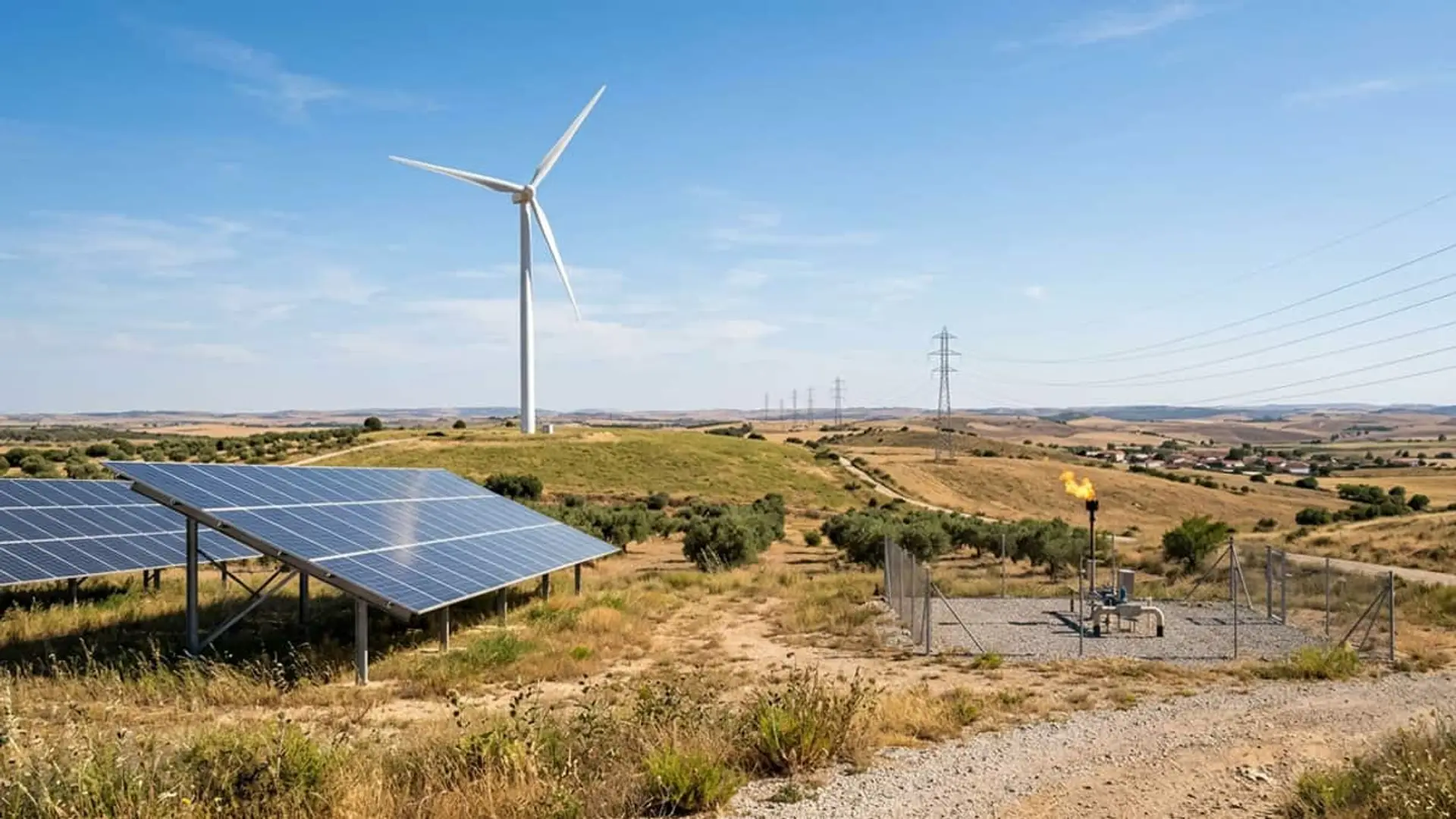 Por qué el precio de la luz sube la mitad por el gas en España que en Alemania, según el Banco de España Paneles solares, un aerogenerador, una pequeña instalación de gas y torres eléctricas en un paisaje rural