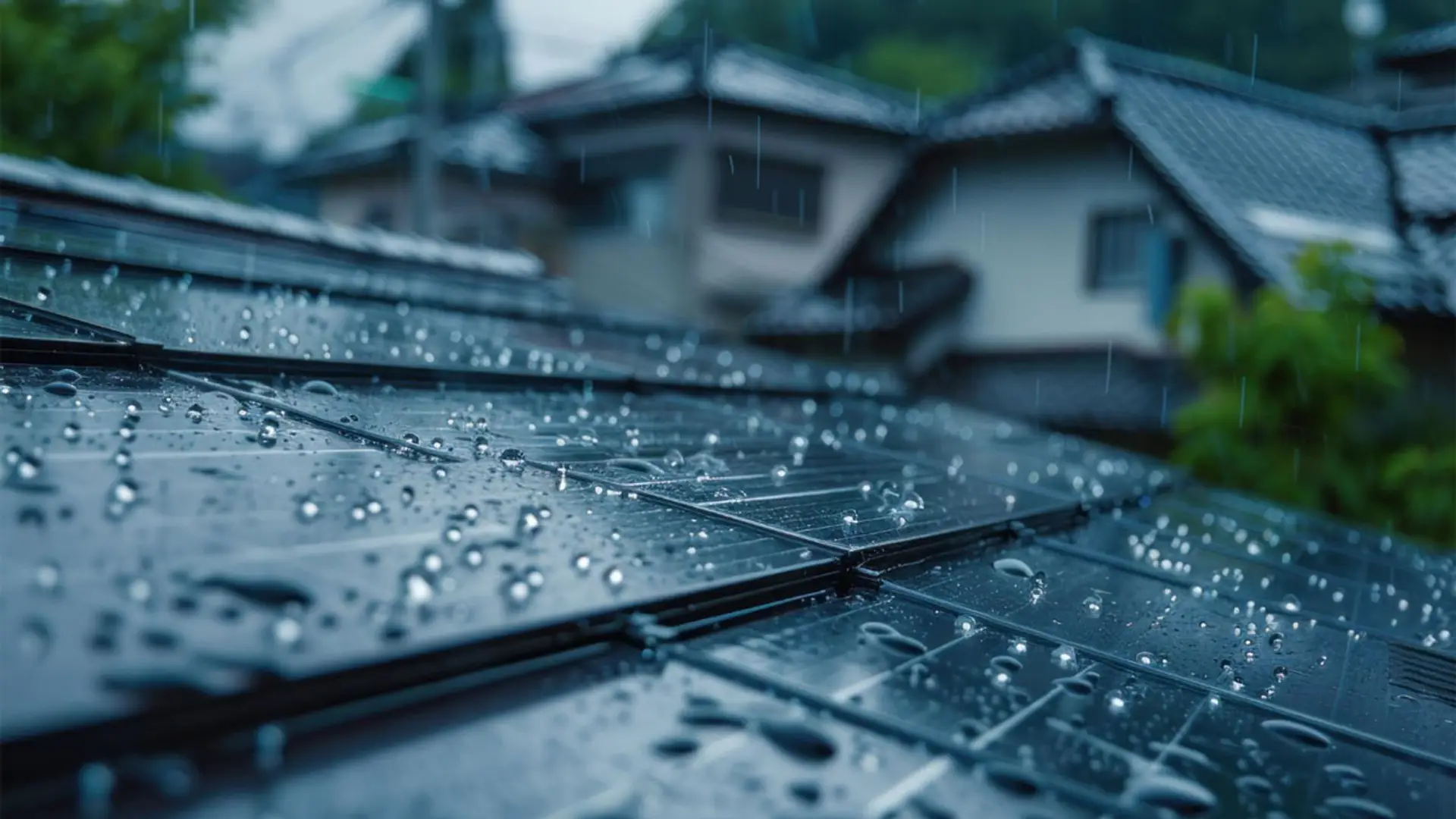 Gotas de lluvia sobre la superficie de placas solares en tejado en un día nublado.