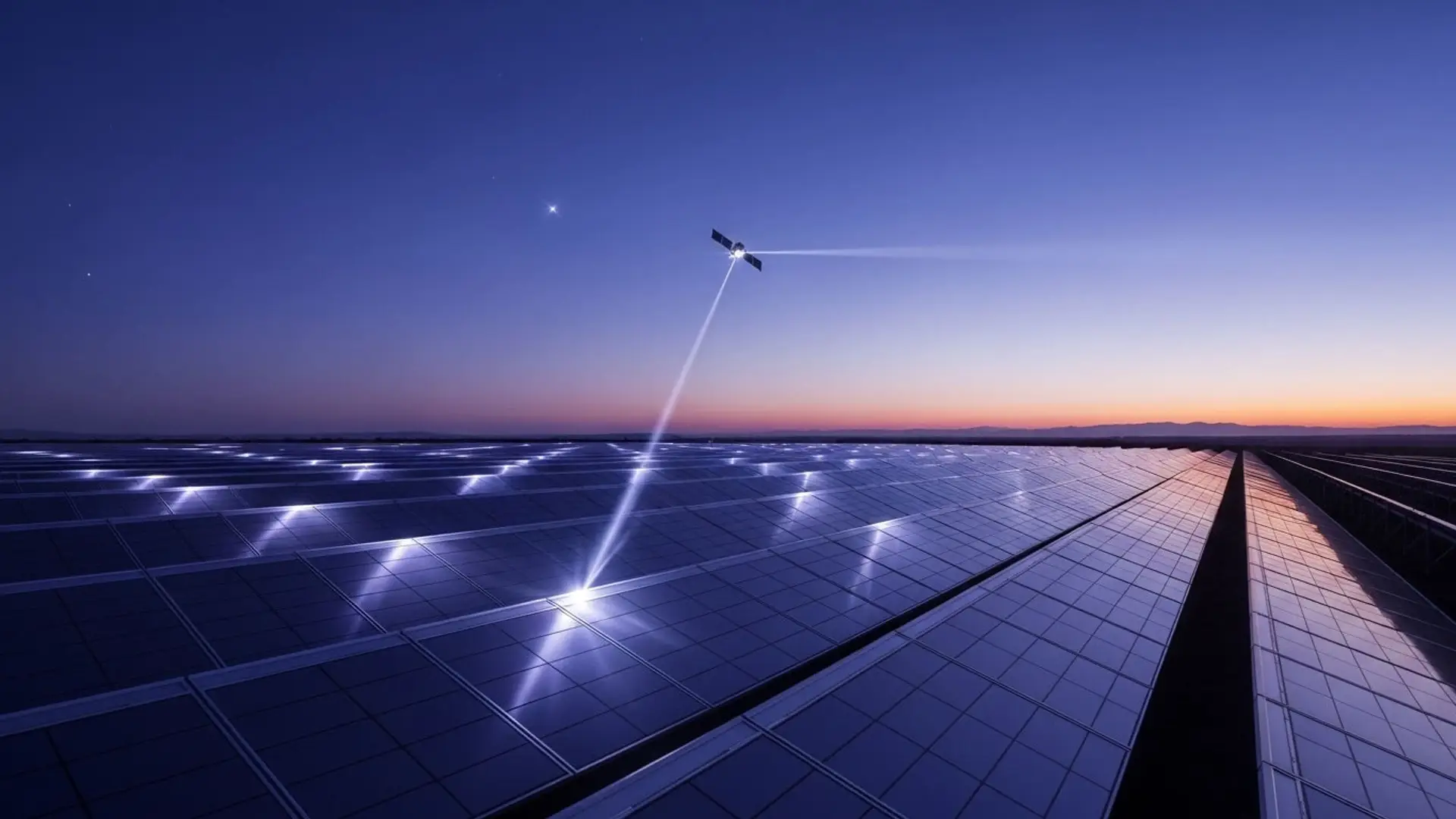 Concepto de energía solar espacial con un satélite transmitiendo energía a un gran campo de paneles solares durante el atardecer.