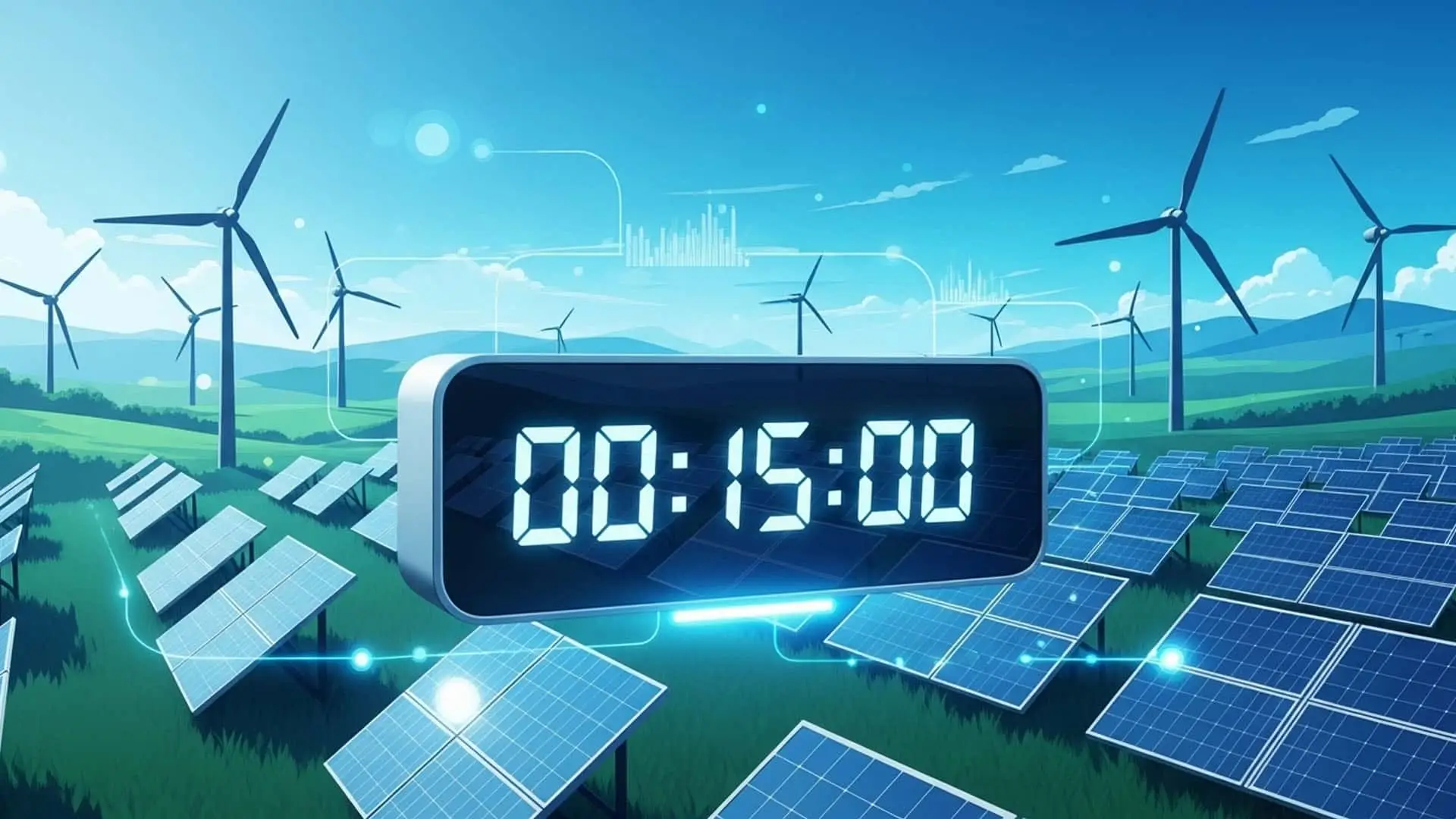 Paneles solares y aerogeneradores en un campo con contador digital de 15 minutos.