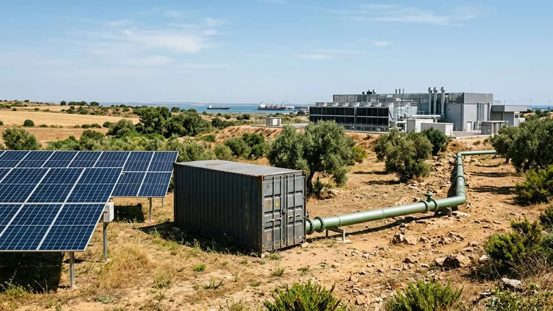 Así crece a 10.000 millones el proyecto de IA de Go Energy en Huelva Paneles solares, un contenedor y una red de tuberías junto a una planta industrial en una zona rural próxima al mar