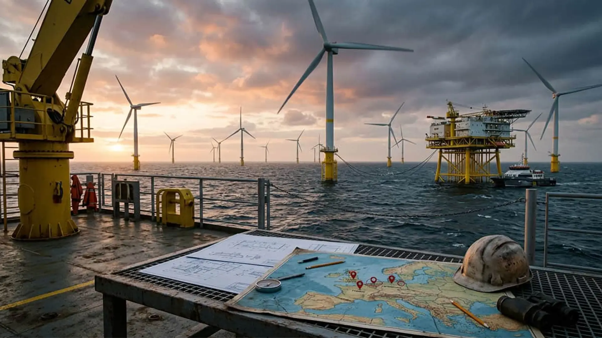 Europa entra en su “fase de dominio absoluto” de la eólica marina, según GlobalData Parque eólico marino en Europa con aerogeneradores, plataforma offshore y mapa de proyectos energéticos.