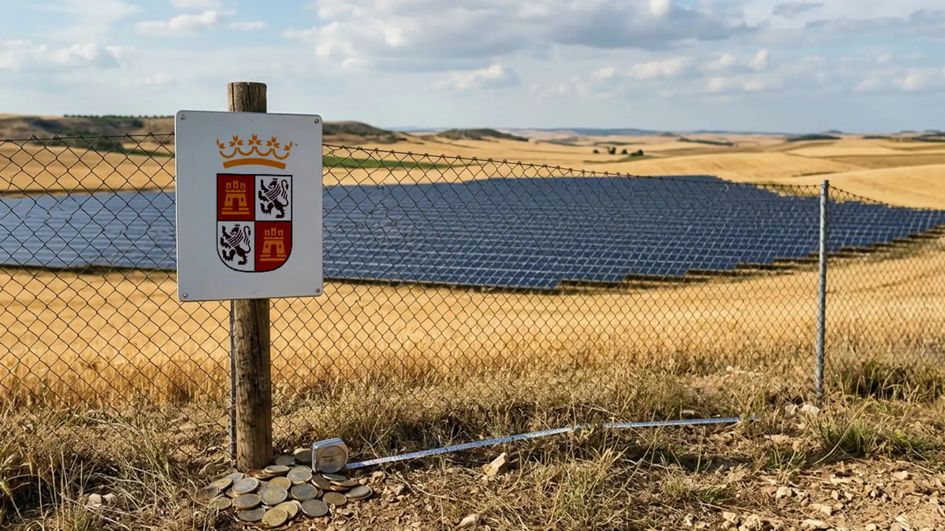 Qué parques solares pagarían el nuevo impuesto de Castilla y León y cuáles quedan fuera Parque de paneles solares vallado en un campo de Castilla y León, con un cartel del escudo autonómico y monedas junto a un contador.