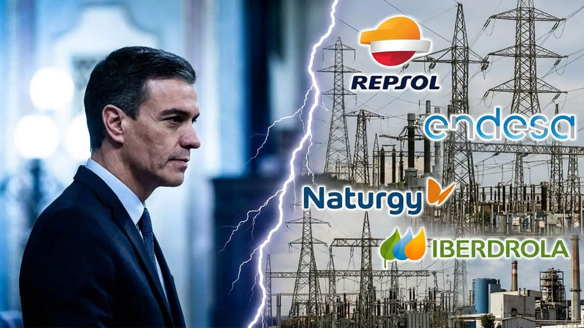 Pedro Sánchez junto a logos de Repsol, Endesa, Naturgy e Iberdrola y torres de alta tensión. Conflicto energético.