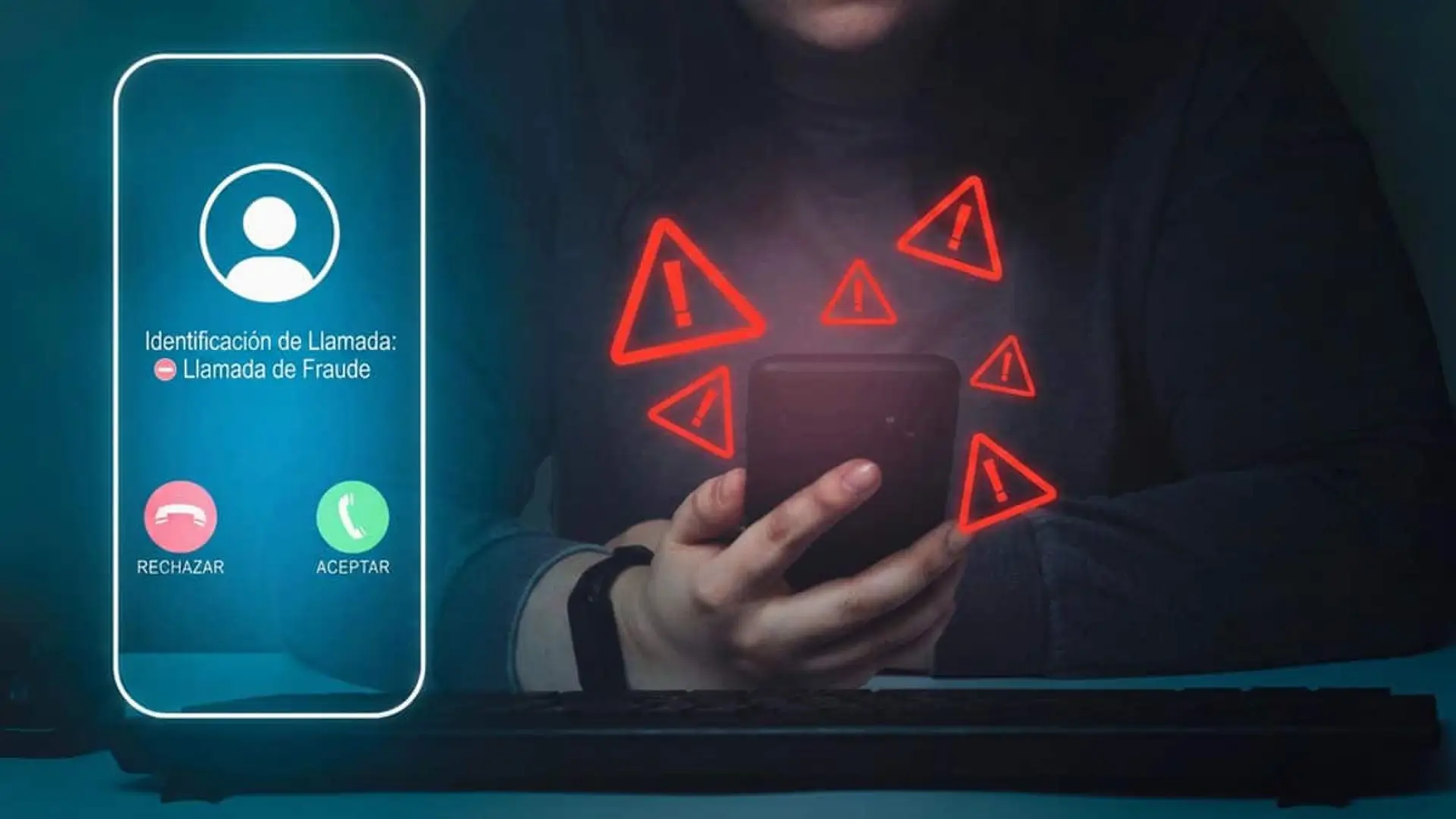 Persona mirando un móvil con un aviso de llamada de fraude y varios iconos de advertencia rojos