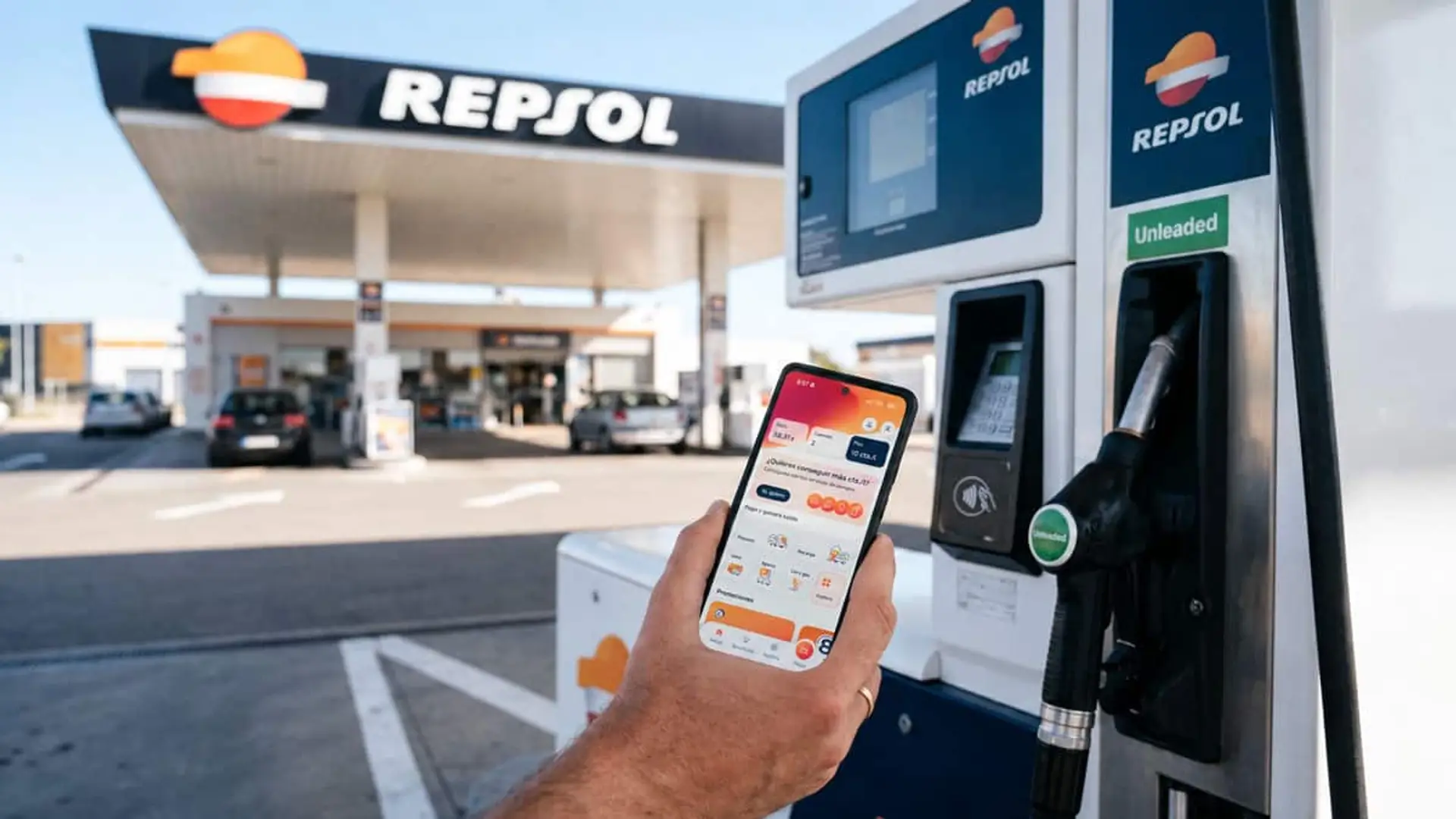 Descuentos de Repsol hasta el 30 de noviembre: qué recibe cada tipo de cliente con Waylet y con Solred Una persona sostiene un móvil con la app Waylet junto a un surtidor de combustible en una gasolinera Repsol.