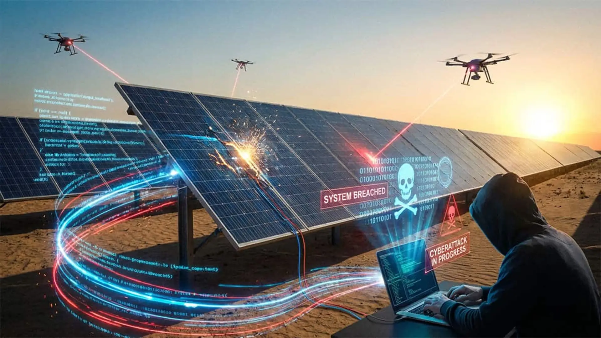 Ilustración de un ciberataque a una instalación de paneles solares con hacker usando portátil y drones sobrevolando la planta fotovoltaica