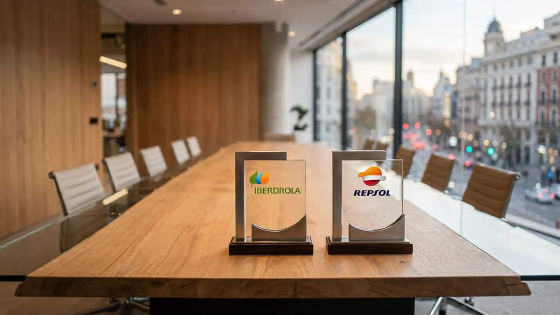 Iberdrola sube y Repsol se hunde: el contraste de las energéticas españolas en el ranking de innovación de Europa 2026 Dos placas con los logos de Iberdrola y Repsol sobre una mesa de madera en una sala de reuniones con ventanas y edificios al fondo