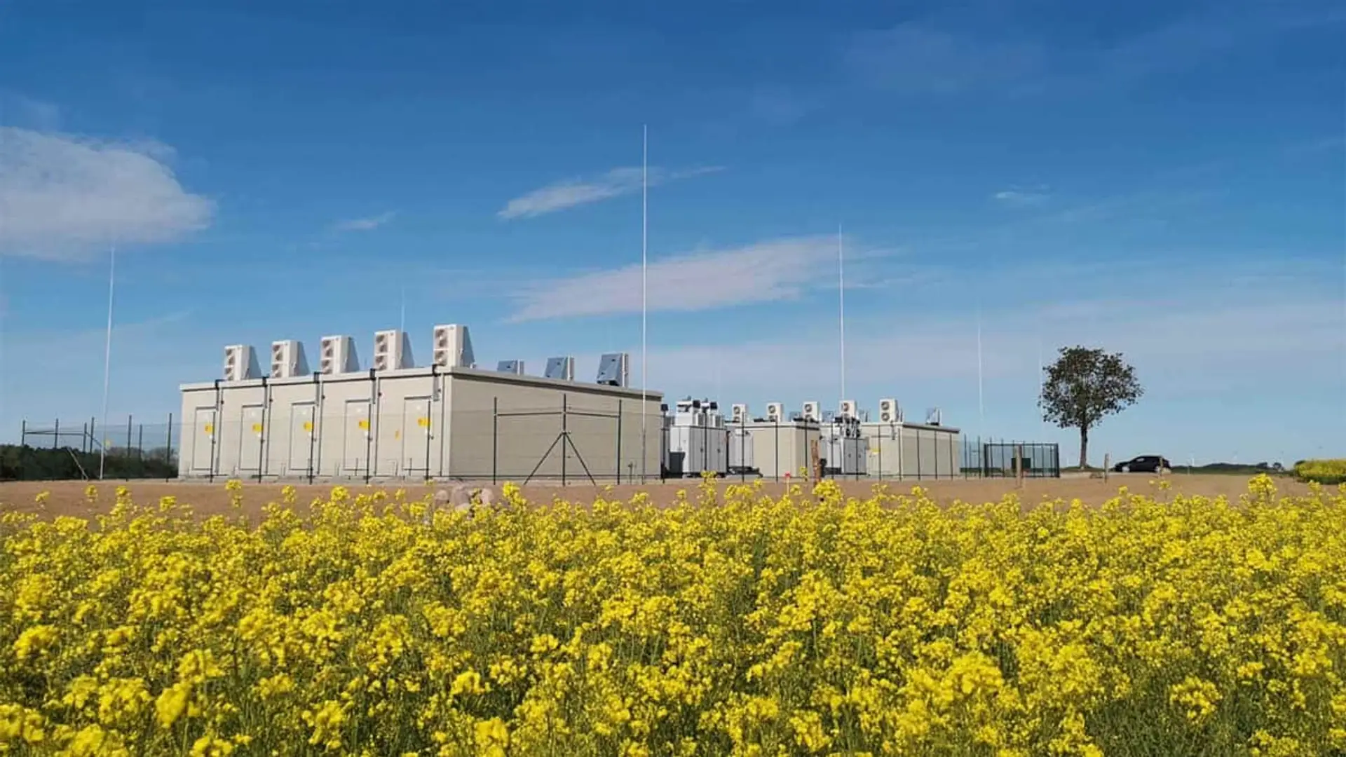 El almacenamiento energético se multiplica en España tras el apagón y suma 3.500 MW en solo un trimestre Conjunto de edificios técnicos de almacenamiento energético rodeados de campo de flores amarillas.