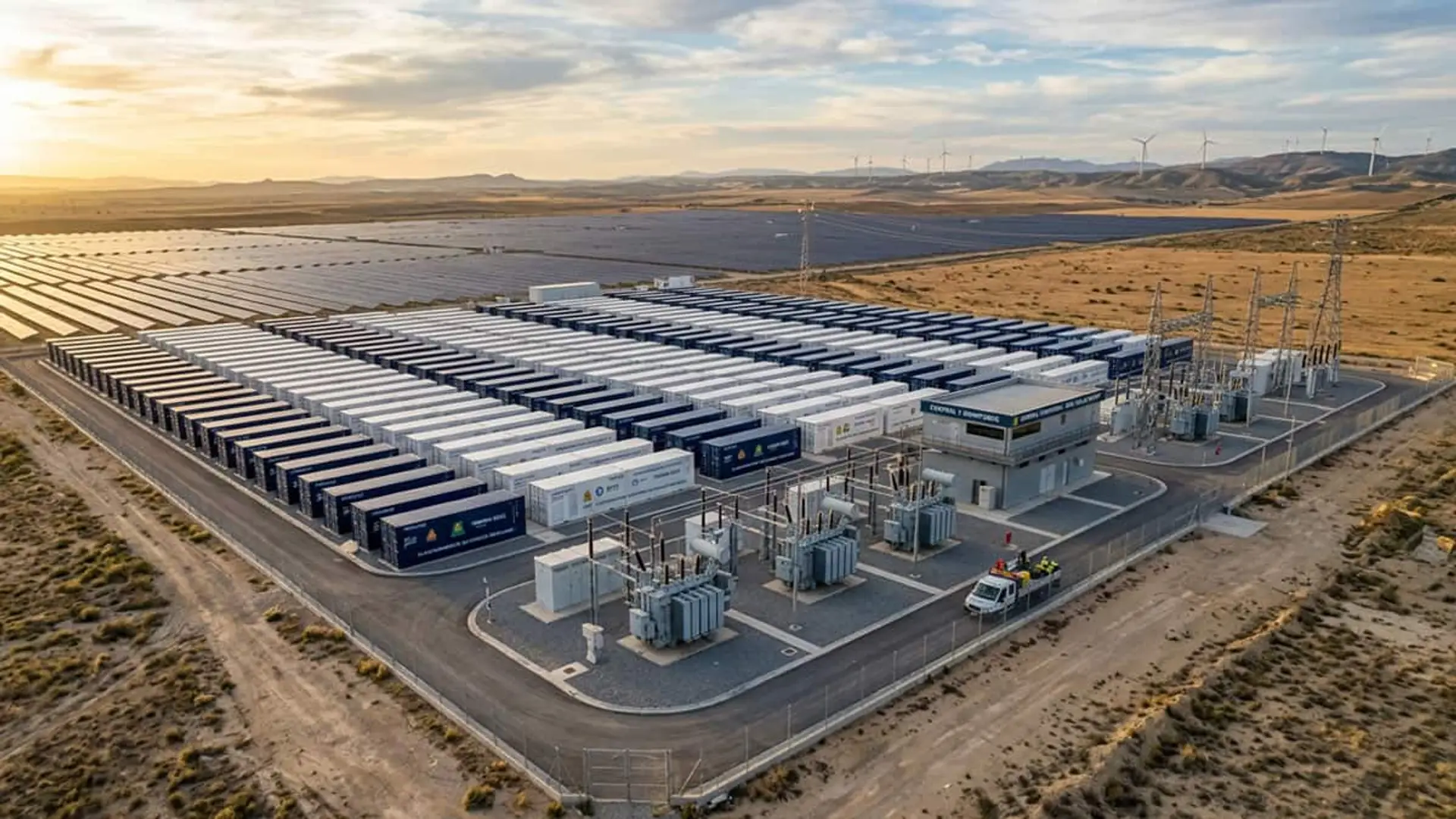 Gran planta de almacenamiento energético con baterías junto a un parque solar y eólico.