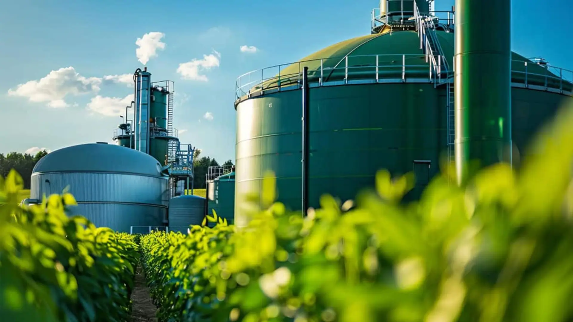 Planta de biogás junto a un campo agrícola con depósitos y estructuras industriales