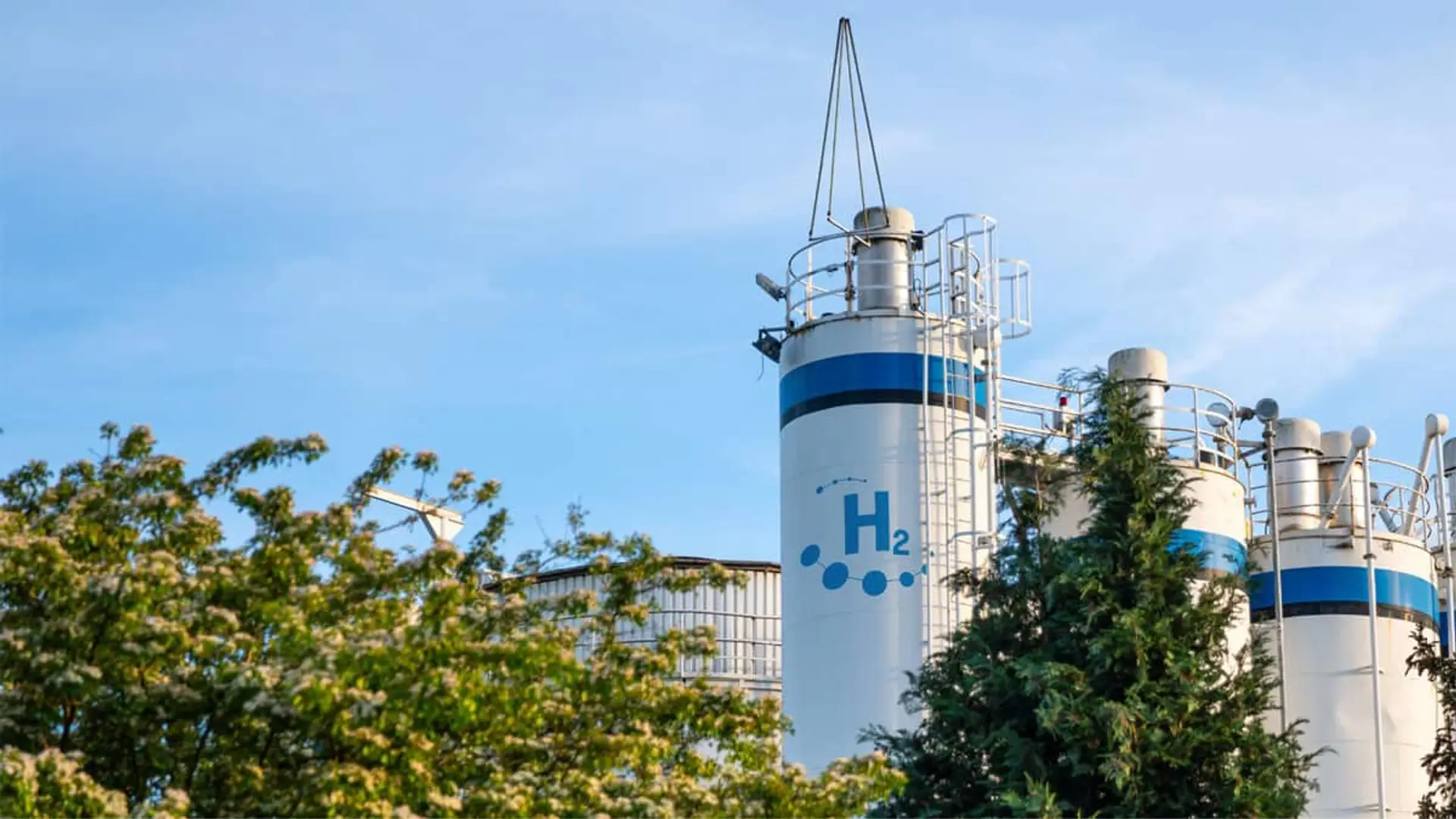 Iberdrola, Enagás y Moeve, entre los seis proyectos españoles premiados por su descarbonización Planta industrial de hidrógeno verde con depósitos H₂ visibles entre árboles, símbolo de energía limpia y sostenible.