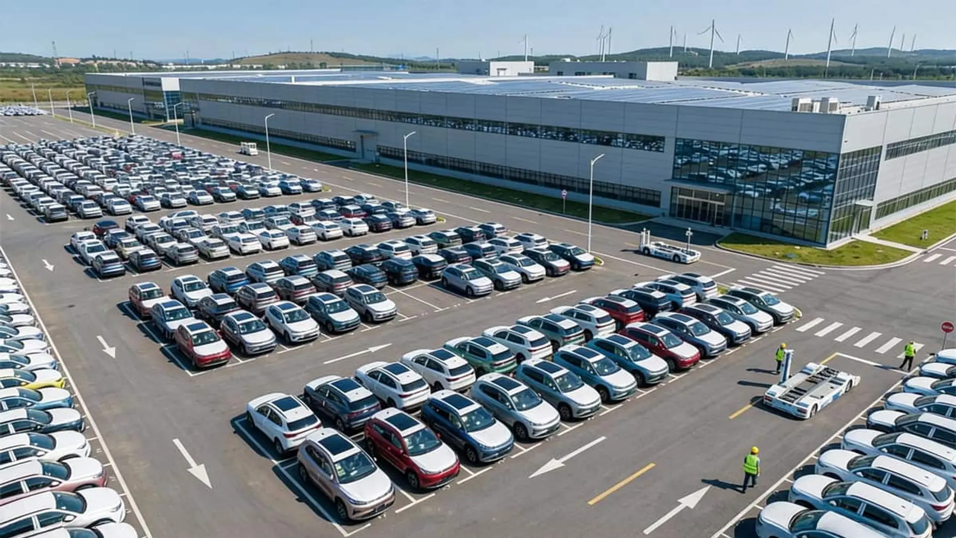Vista aérea de una planta industrial con una gran flota de coches eléctricos recién fabricados y alineados en el aparcamiento