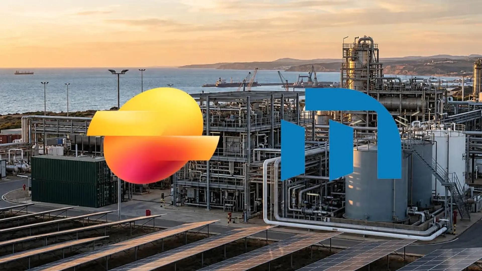 Planta industrial junto al mar con los logotipos de Moeve y Repsol
