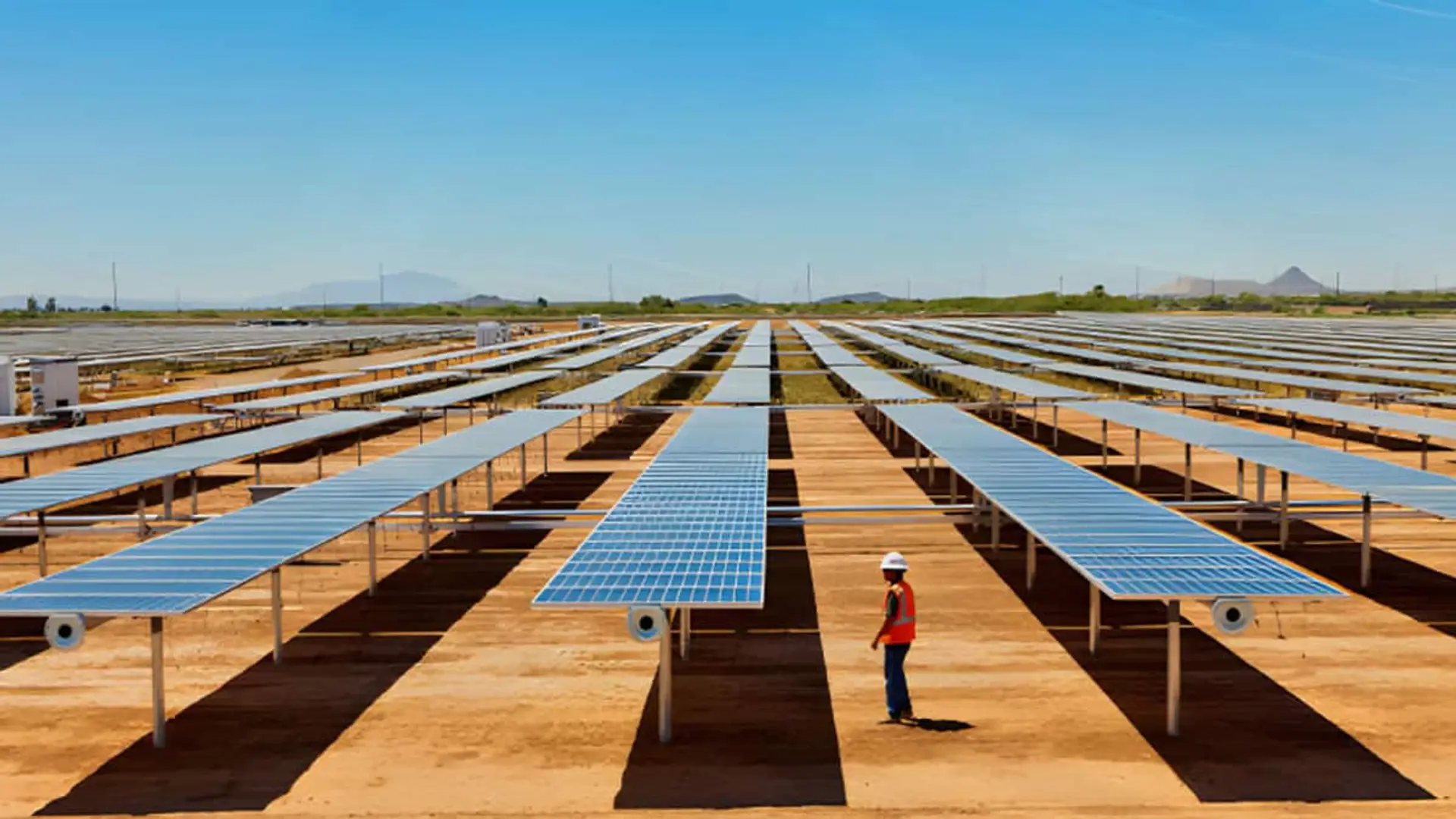 Planta solar con filas de paneles fotovoltaicos y una persona caminando entre ellos