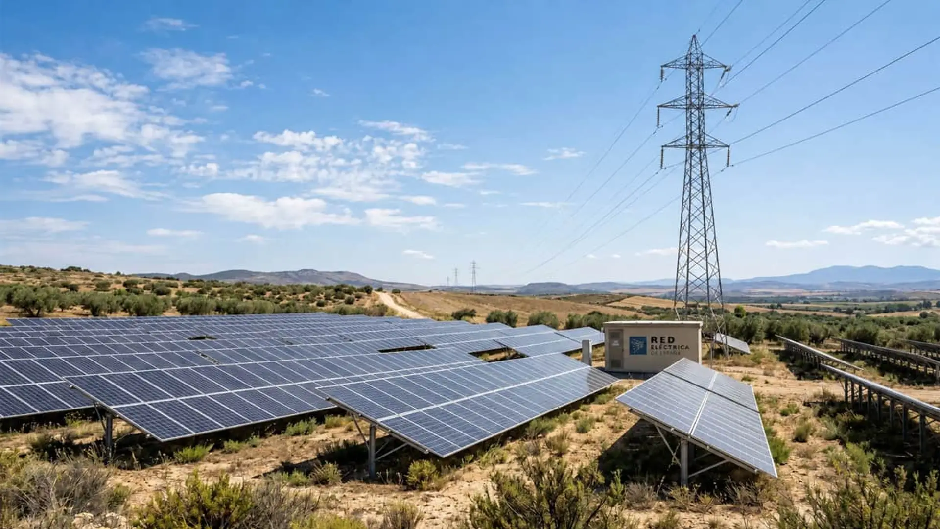 España no consumía tanta luz en un mes de julio desde 2008, y el precio de la luz también se ha disparado Planta solar fotovoltaica junto a una torre eléctrica en un entorno rural