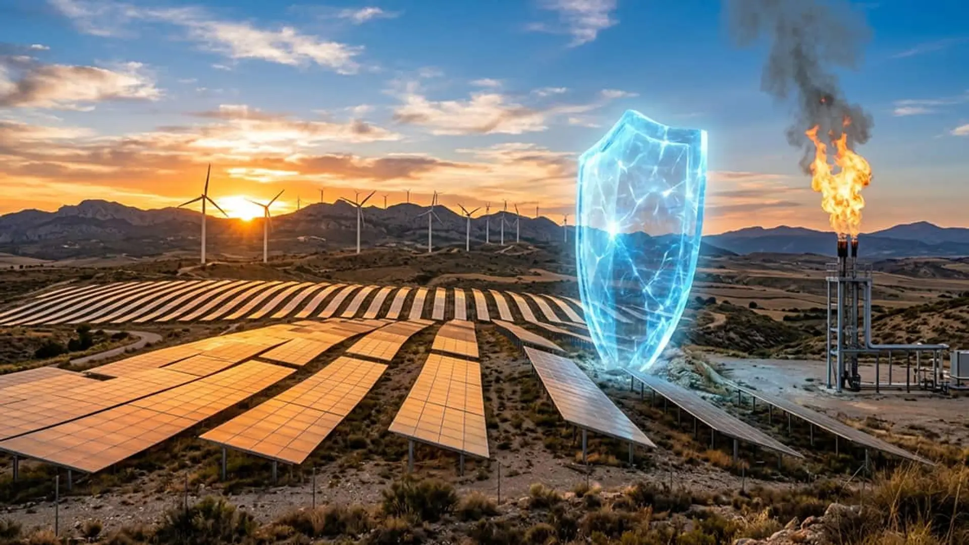 El gas ha perdido el control del precio de la luz en España: ahora fija solo el 9% de las horas, frente al 52% de 2021 Planta solar y aerogeneradores con un escudo digital luminoso junto a una instalación de gas en un paisaje al atardecer