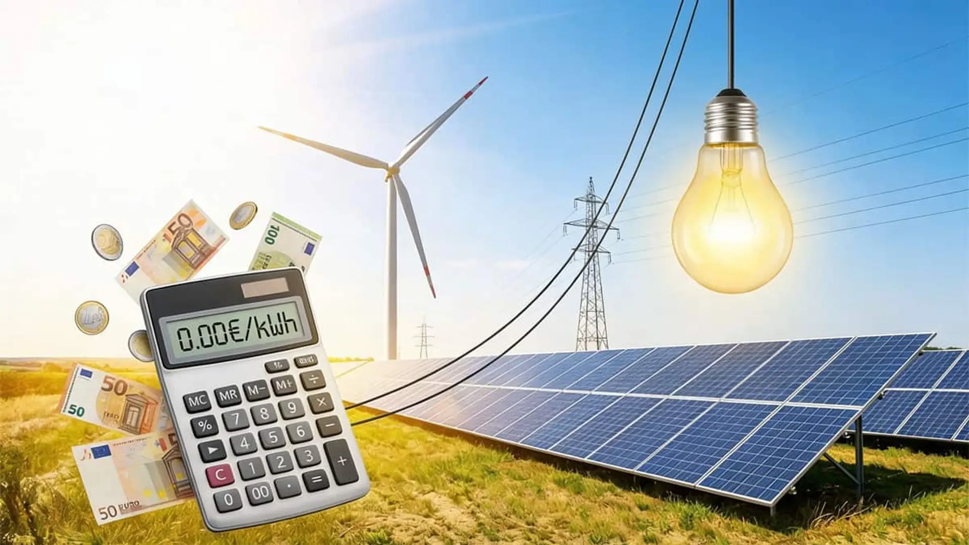 Paneles solares y aerogenerador junto a una calculadora con coste 0,00 €/kWh y bombilla encendida, representando el precio de la electricidad renovable.