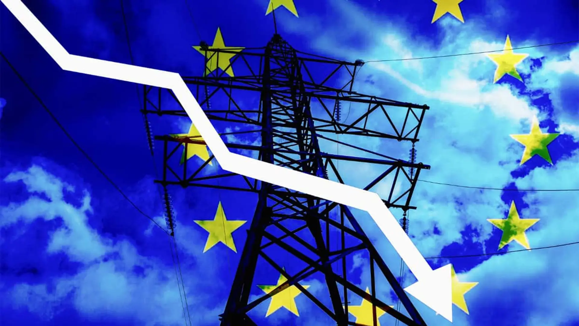La UE estudia intervenir el precio de la luz ante el desafío energético de Italia y Alemania Torre de alta tensión sobre fondo de la bandera de la Unión Europea con una flecha descendente que simboliza la bajada del precio de la electricidad.