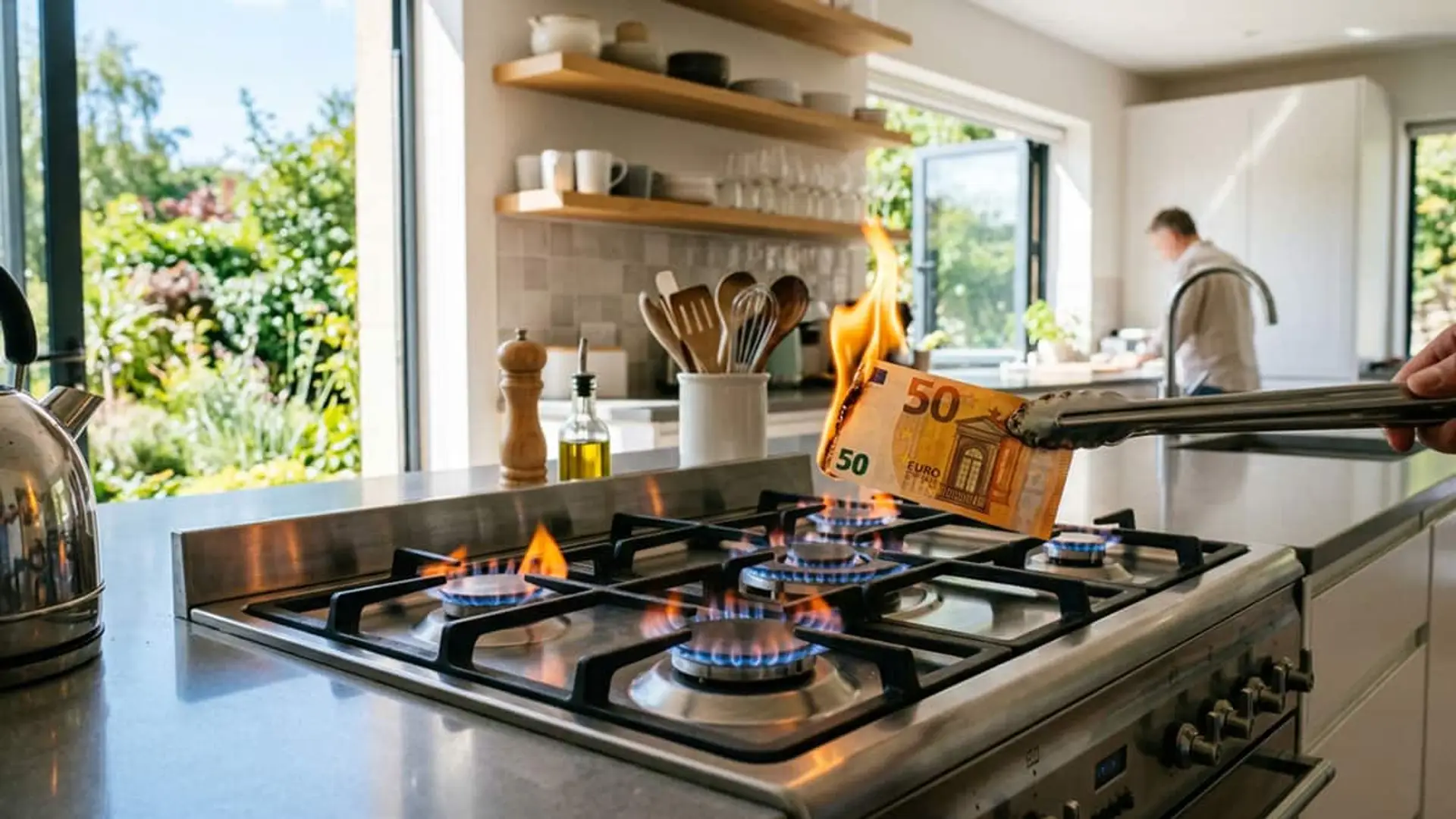 Cocina de gas encendida mientras un billete de 50 euros se quema simbolizando el aumento del precio del gas doméstico.
