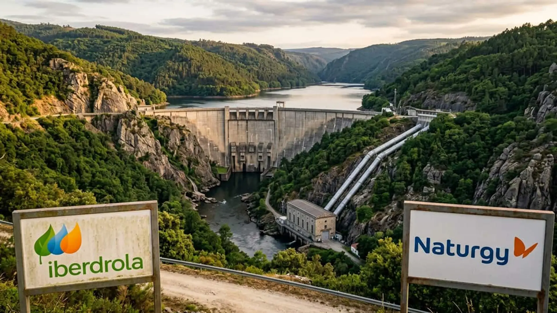 Iberdrola y Naturgy, alianza para una central de bombeo en el Sil: piden 75.000 litros por segundo Presa y central hidroeléctrica entre montañas junto a carteles de Iberdrola y Naturgy