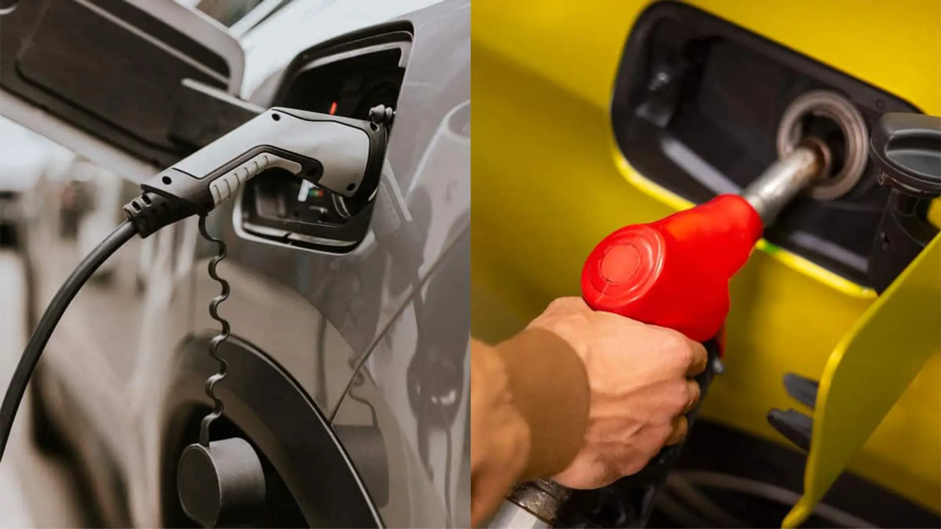 ¿Coche eléctrico, gasolina o diésel? Experto revela la diferencia de ahorro real Composición visual partida que muestra un cargador eléctrico conectado a la izquierda y un surtidor de gasolina rojo repostando a la derecha