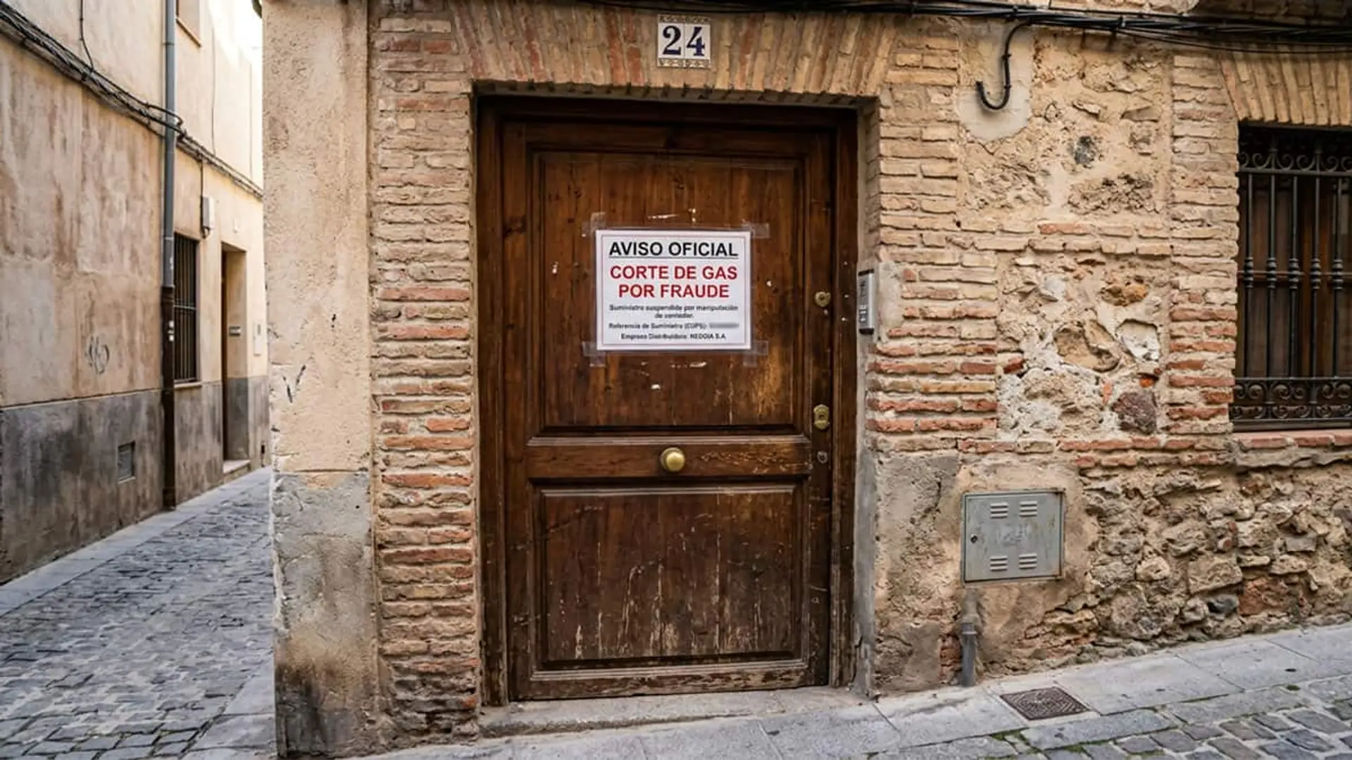 Puerta de una vivienda con un cartel que avisa de un corte de gas por fraude