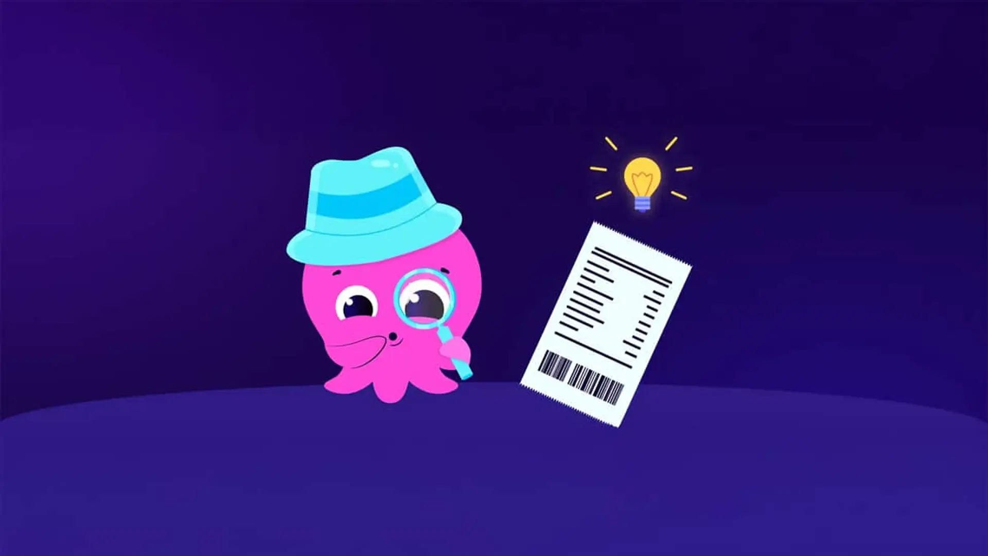 Ilustración del pulpo rosa de Octopus Energy, con un sombrero, revisa una factura con lupa.