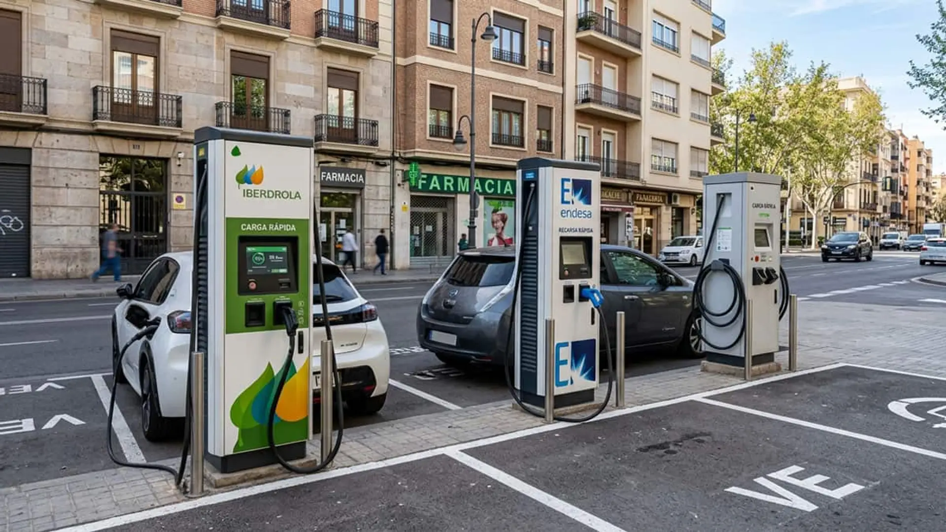 Puntos de recarga de Iberdrola y Endesa para coches eléctricos en una calle urbana con vehículos estacionados