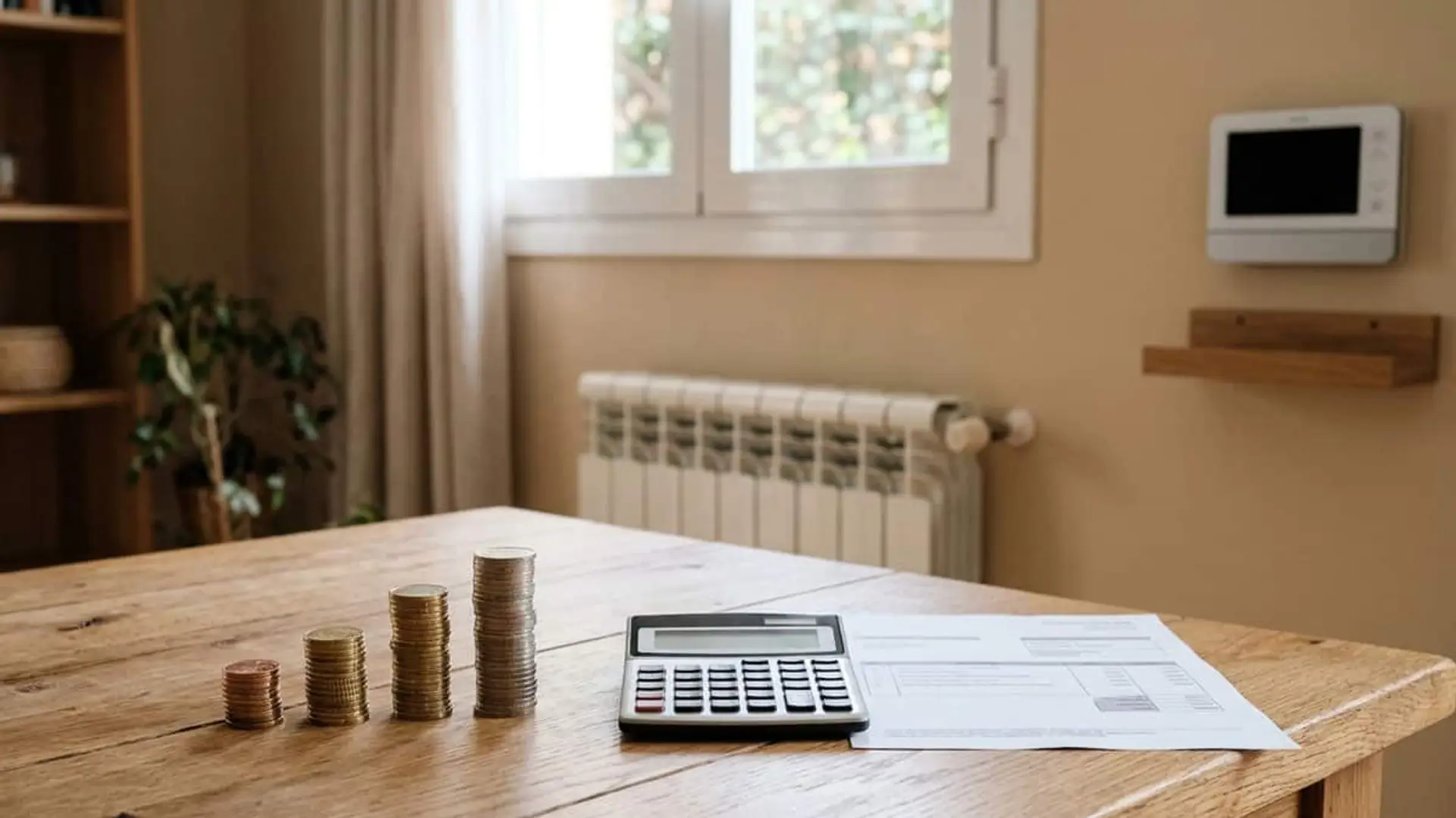 Calefacción este invierno: de 245 a 1.283 euros según vivienda, zona y tarifa Radiador de calefacción bajo una ventana, con un termostato en la pared y varias pilas de monedas, una calculadora y una factura sobre la mesa.