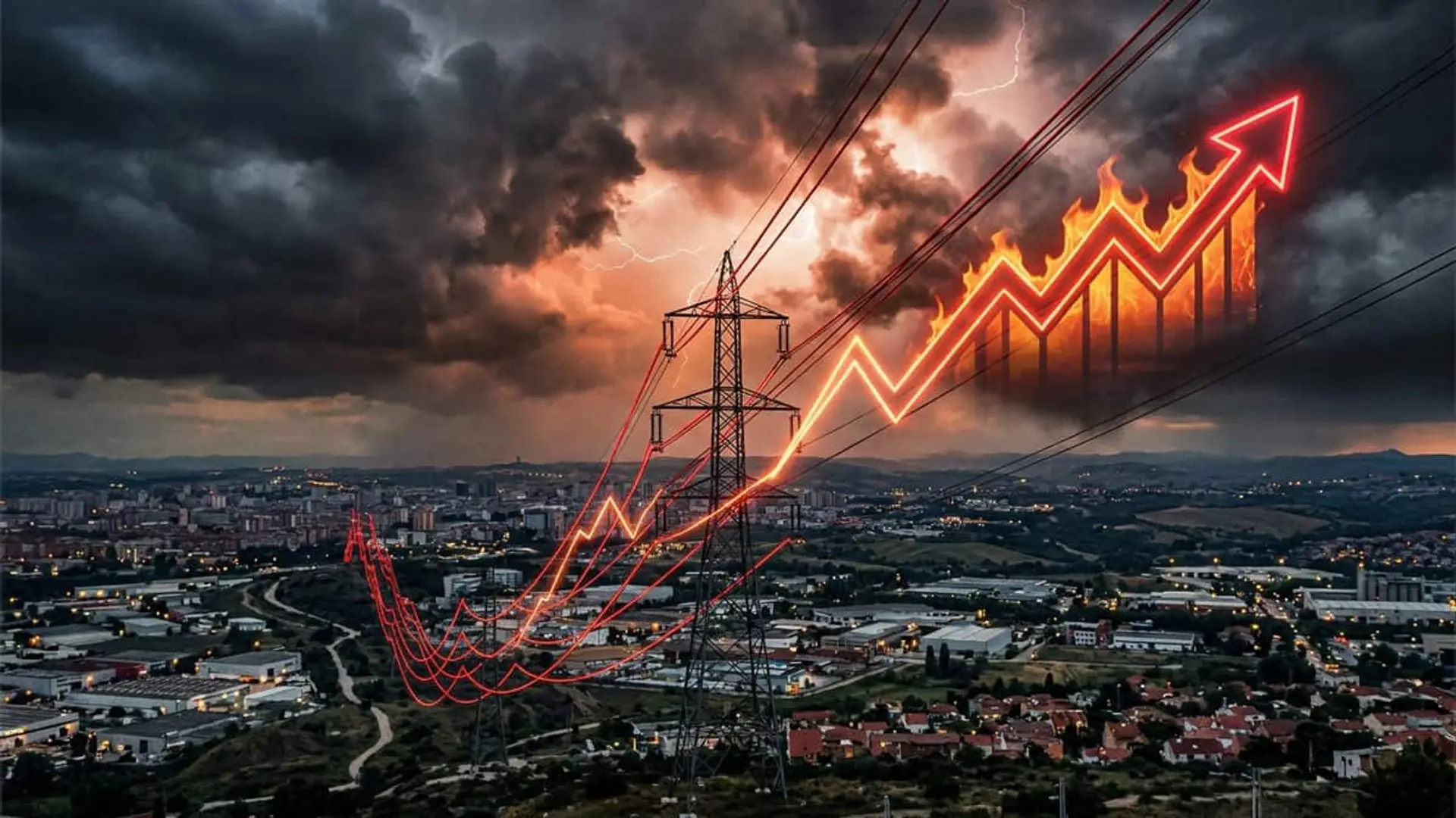 Nuevo coste en la factura de la luz: por qué el plan antiapagones de Bruselas amenaza con disparar el recibo Red eléctrica sobre una ciudad con un gráfico ascendente superpuesto bajo un cielo tormentoso