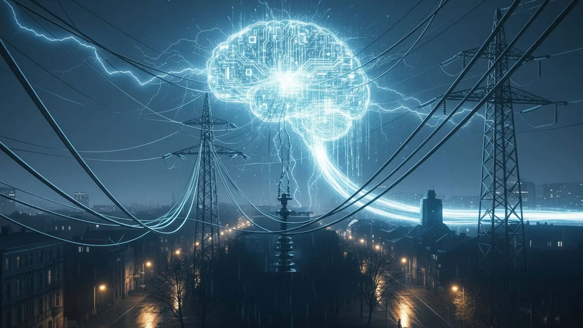 Ilustración de red eléctrica con inteligencia artificial representada por un cerebro digital.
