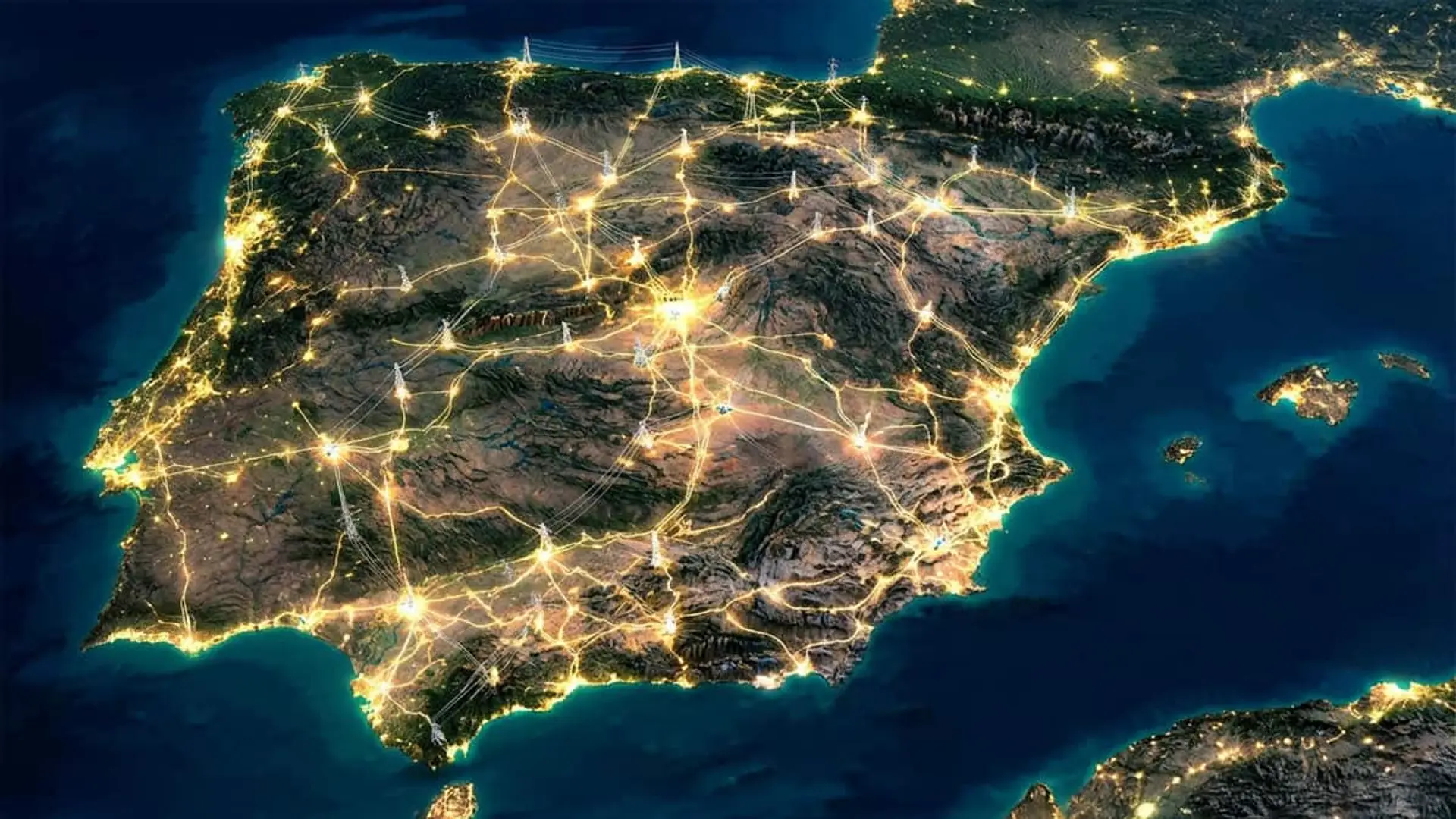Mapa de España con la red eléctrica nacional y los principales nodos de conexión iluminados