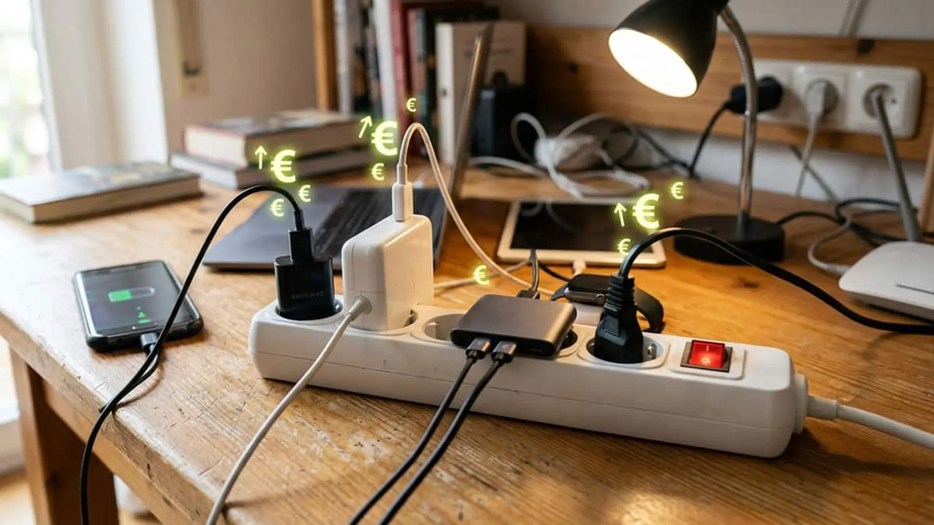 Regleta con varios cargadores conectados y símbolos de euro sobre una mesa de madera