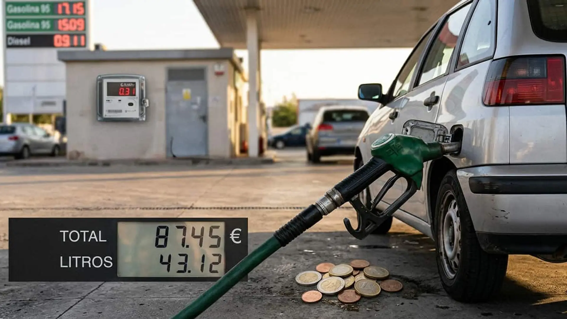 Coche repostando en una gasolinera junto al importe y los litros consumidos, con varias monedas en el suelo