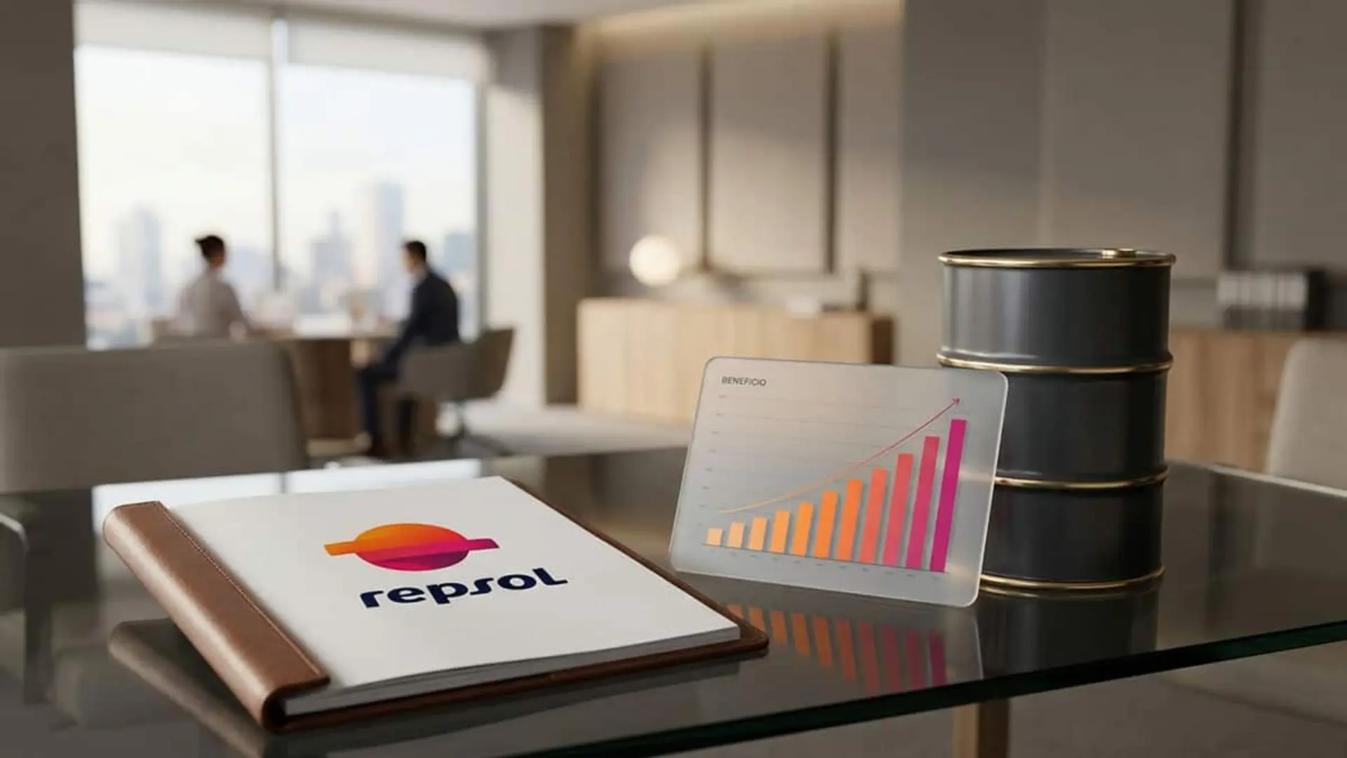 Repsol casi cuadruplica su beneficio a 2.201 millones sin exponerse a la guerra en Irán Carpeta con el logotipo de Repsol junto a un gráfico ascendente de beneficios y varios barriles de petróleo