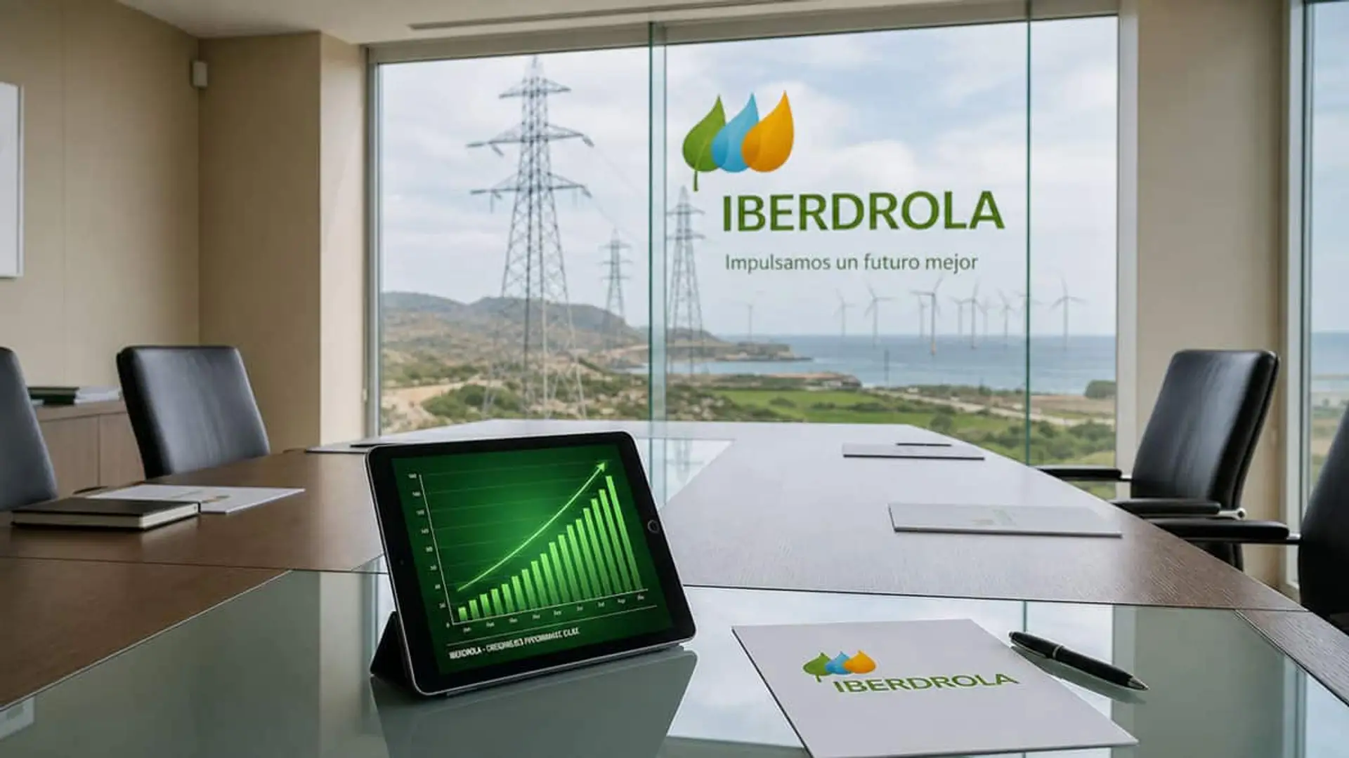 Iberdrola gana un 21,7% más, compra la mayor distribuidora de Finlandia y dispara su inversión a 7.000 millones Gráfico ascendente en una tableta junto al logotipo de Iberdrola, con torres eléctricas y aerogeneradores al fondo