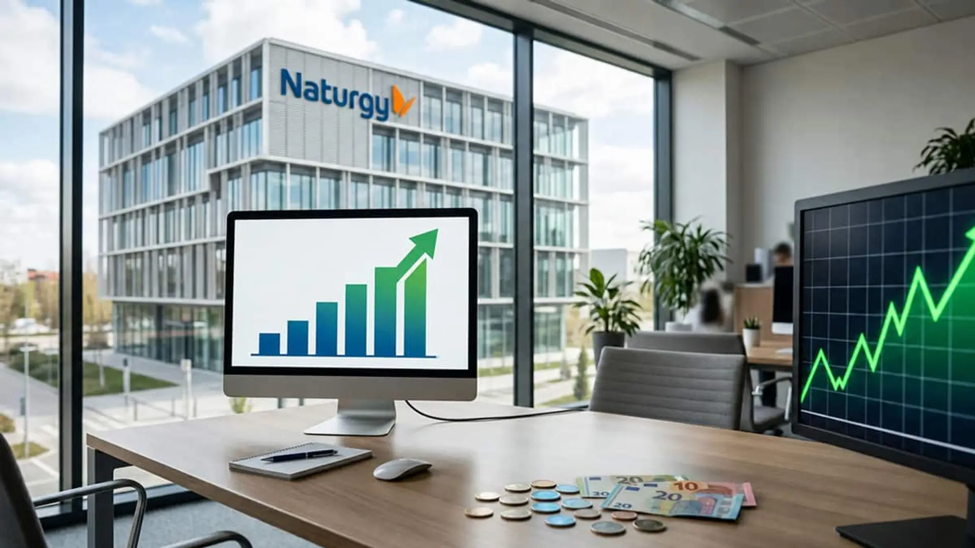 Naturgy dispara su beneficio a 1.215 millones por sus redes y su gas: ya prepara un año histórico Gráficos ascendentes en dos pantallas junto a billetes y monedas, con la sede de Naturgy visible al fondo
