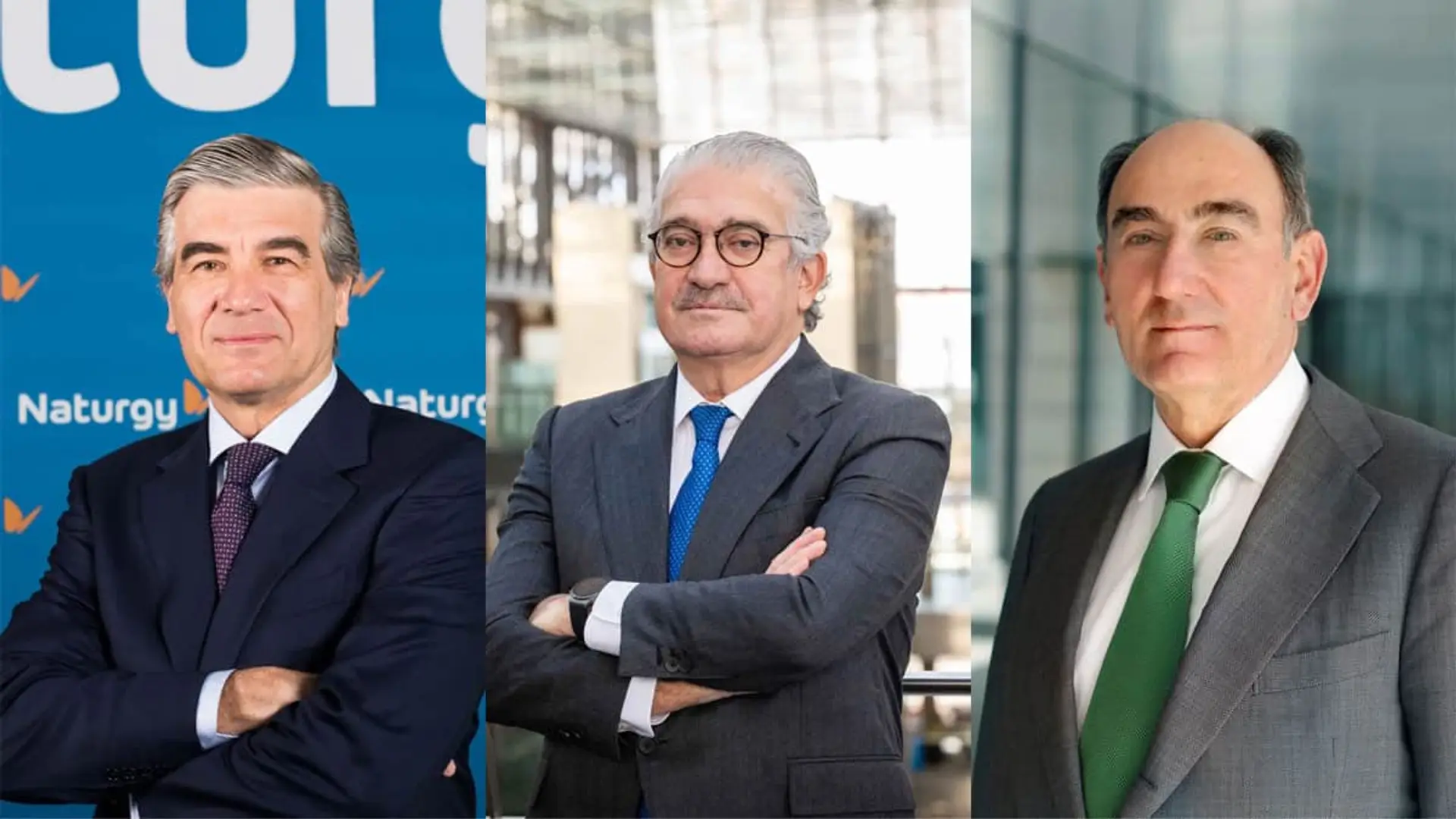 Iberdrola, Endesa y Naturgy disparan beneficios y ganan 9.000 millones en 2025, pero quieren más Collage de los presidentes de Naturgy, Francisco Reynés; Iberdrola, Ignacio Sánchez Galán; y Endesa, José Bogas.