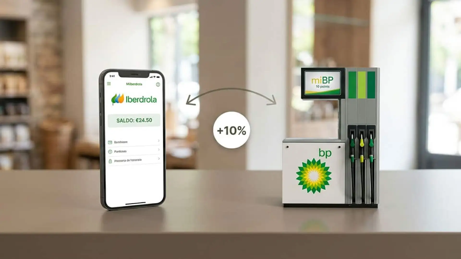 Teléfono con la app Mi Iberdrola y un surtidor de BP unidos por flechas, con un indicador de bonificación del 10%