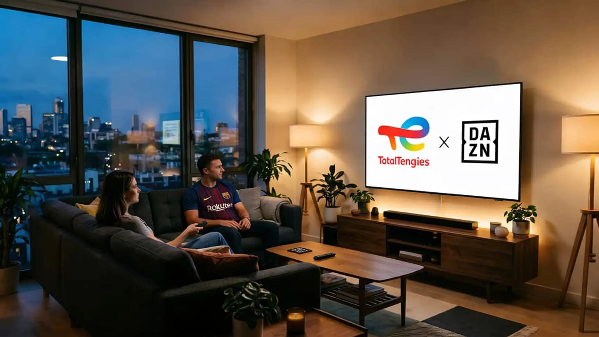 Pareja sentada en un salón frente a un televisor con los logotipos de TotalEnergies y DAZN en la pantalla
