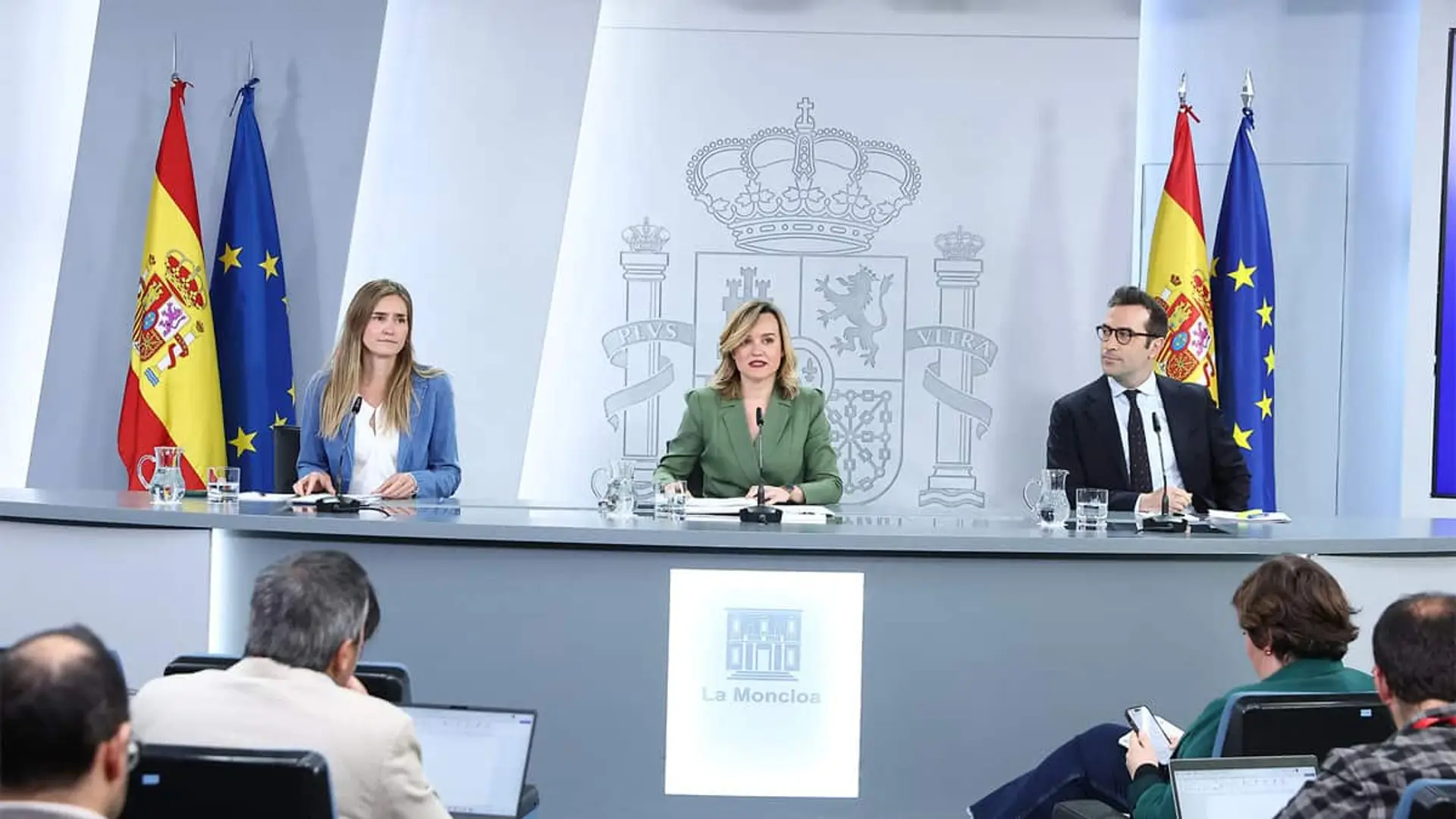 Los ministros Sara Aagesen, Pilar Alegría y Carlos Cuerpo, en una rueda de prensa posterior a un Consejo de Ministros.