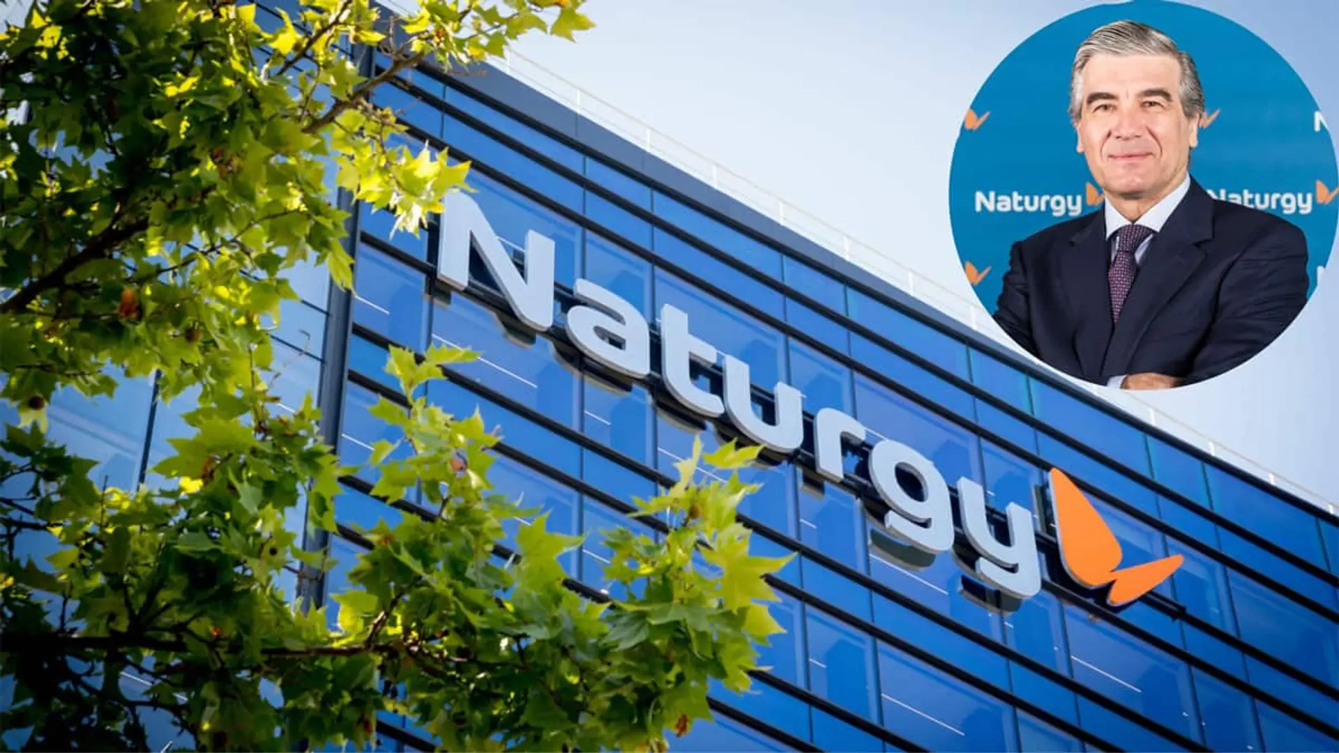 Fachada de la sede de Naturgy con imagen del presidente en un retrato superpuesto.