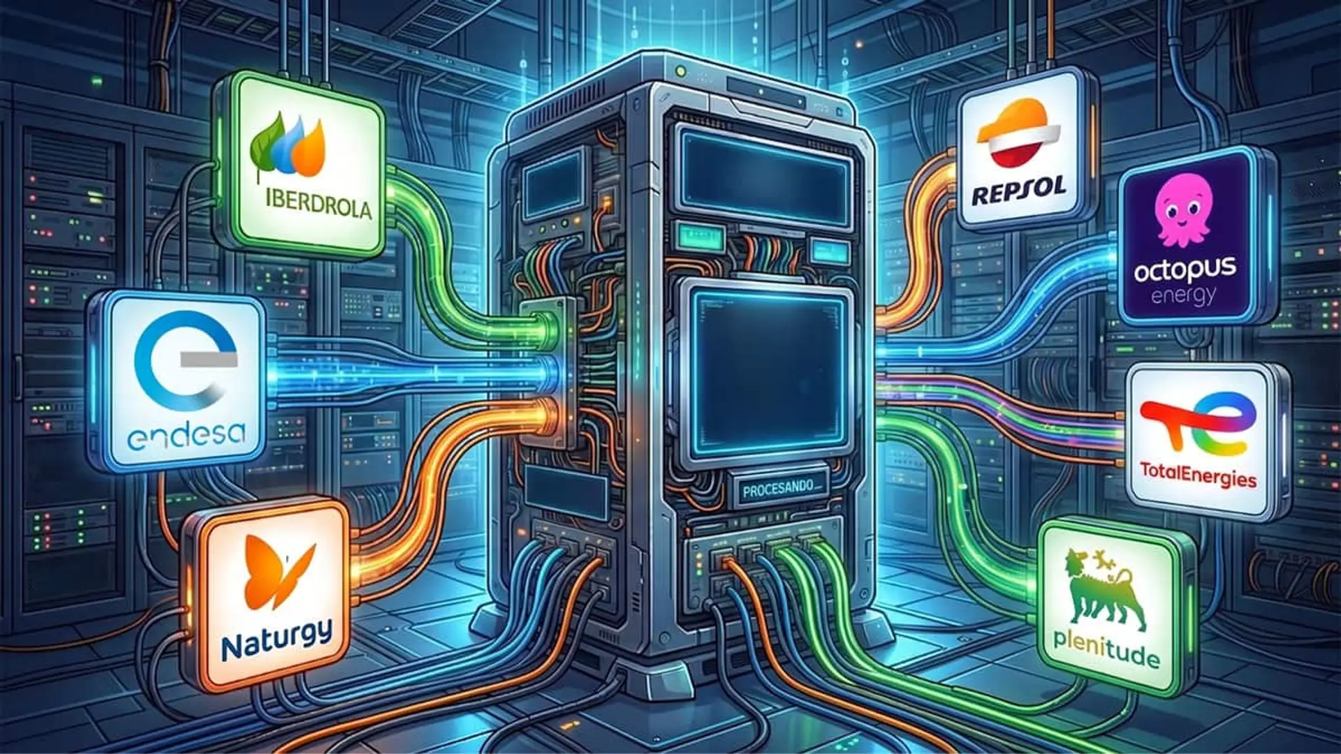 Ilustración de un servidor central conectado por cables a paneles con los logotipos de Iberdrola, Endesa, Naturgy, Repsol, Octopus Energy, TotalEnergies y Plenitude