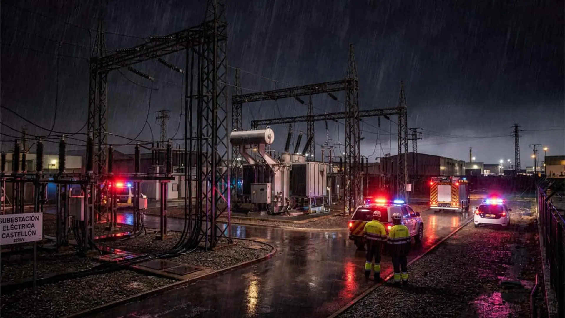 Subestación eléctrica con vehículos de emergencia y operarios trabajando durante una incidencia en la red eléctrica.