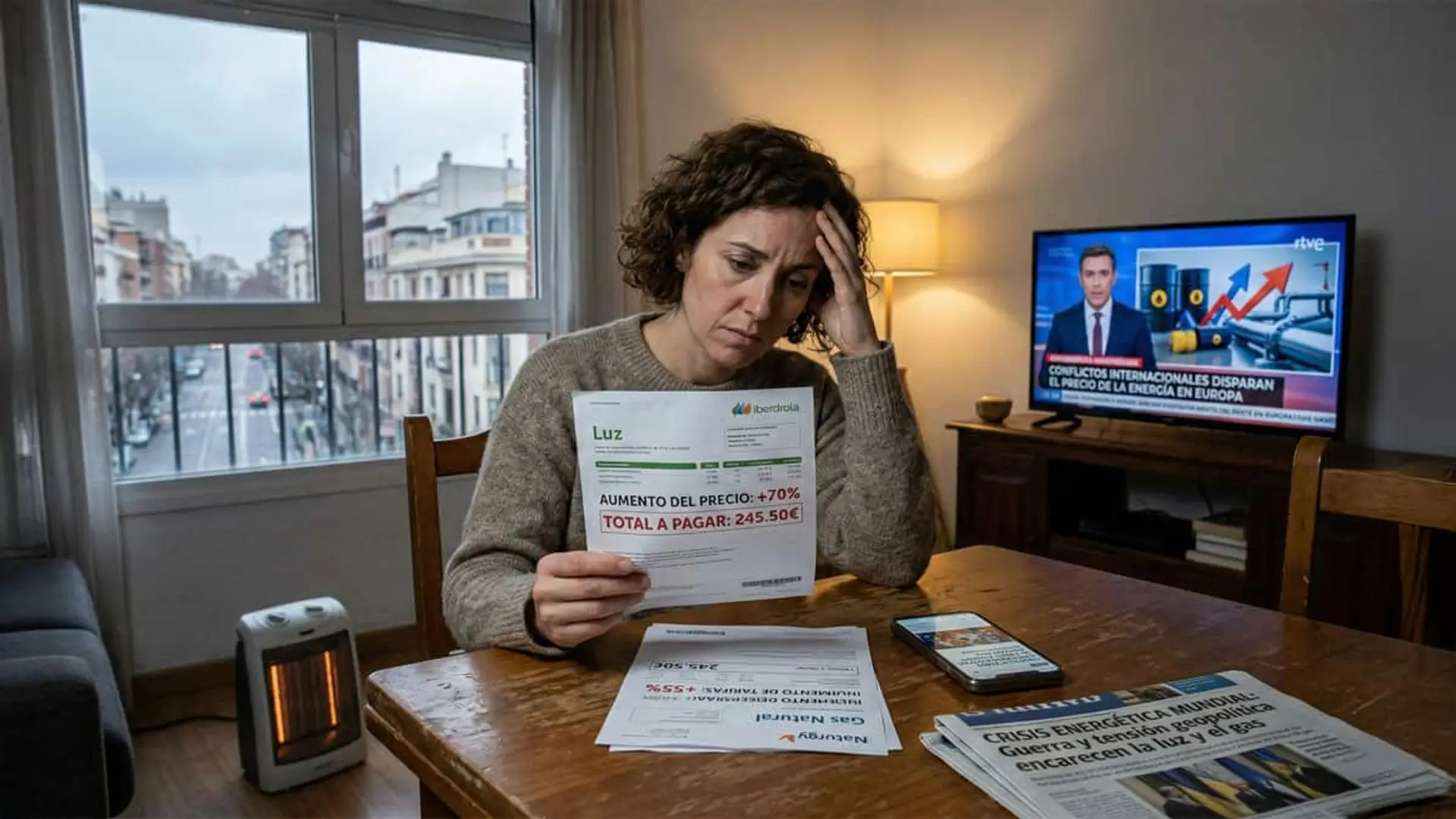 Mujer revisando una factura de la luz con aumento de precio en casa, mientras en la televisión informan sobre la subida del coste de la energía.