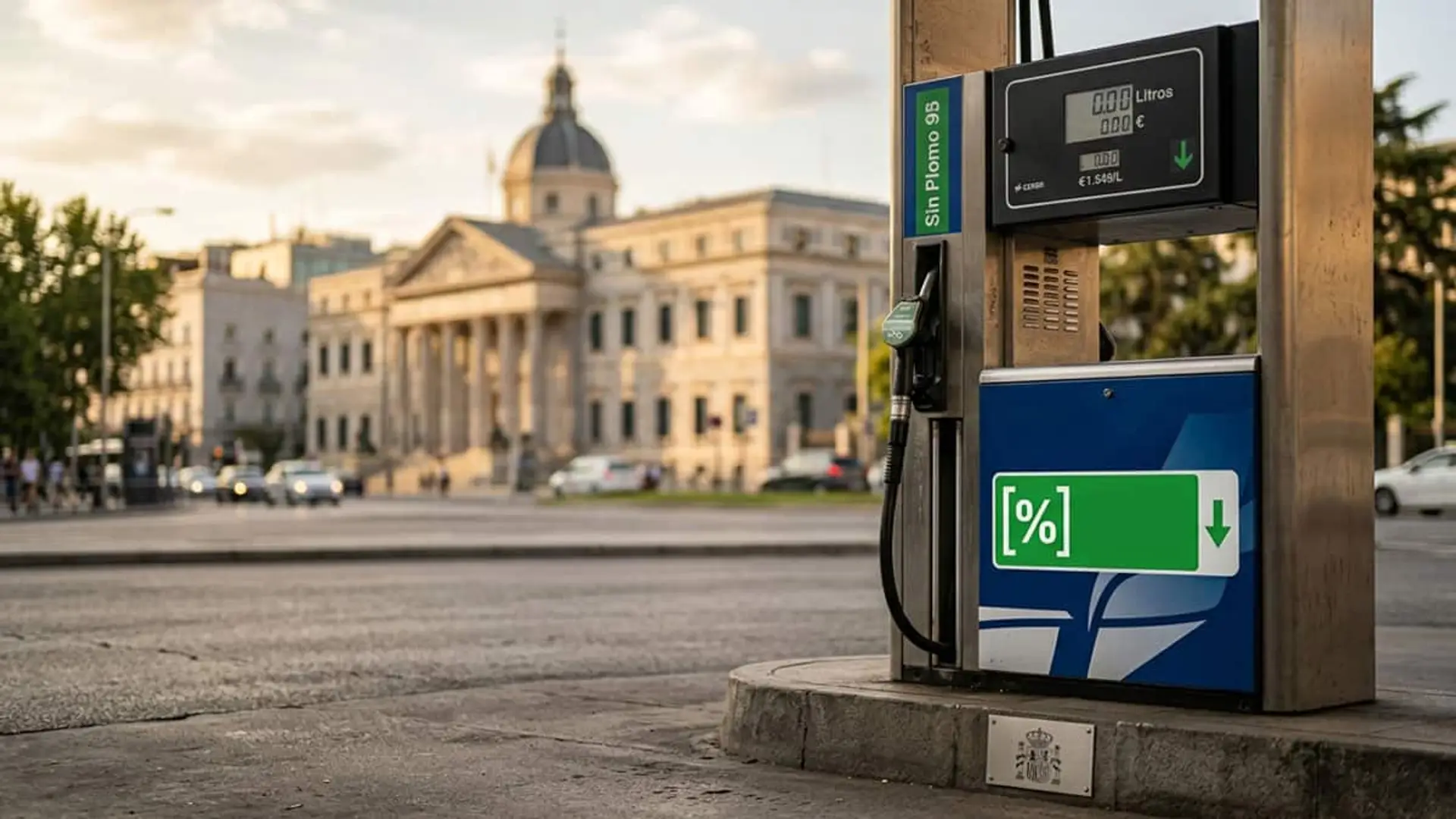 Fin a la rebaja de la luz y el gas: qué medidas siguen activas y qué se sabe del nuevo decreto anticrisis Surtidor de gasolina con iconos de descuento y edificio institucional desenfocado al fondo