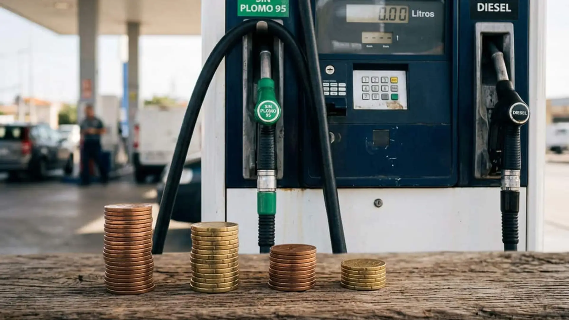 Surtidor de gasolina y diésel con varias pilas de monedas delante