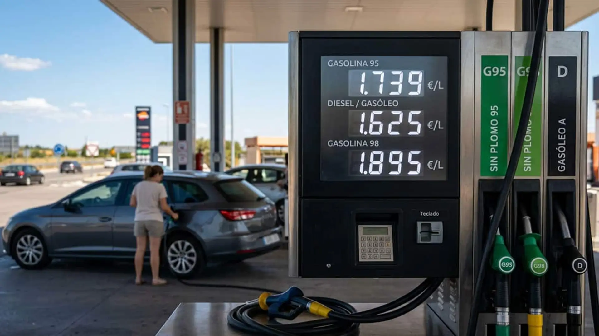 Los carburantes encadenan su sexta subida y rozan máximos anuales: el depósito de diésel ya llega a 100€ Surtidor de gasolinera con precios de gasolina y diésel y una mujer repostando un coche