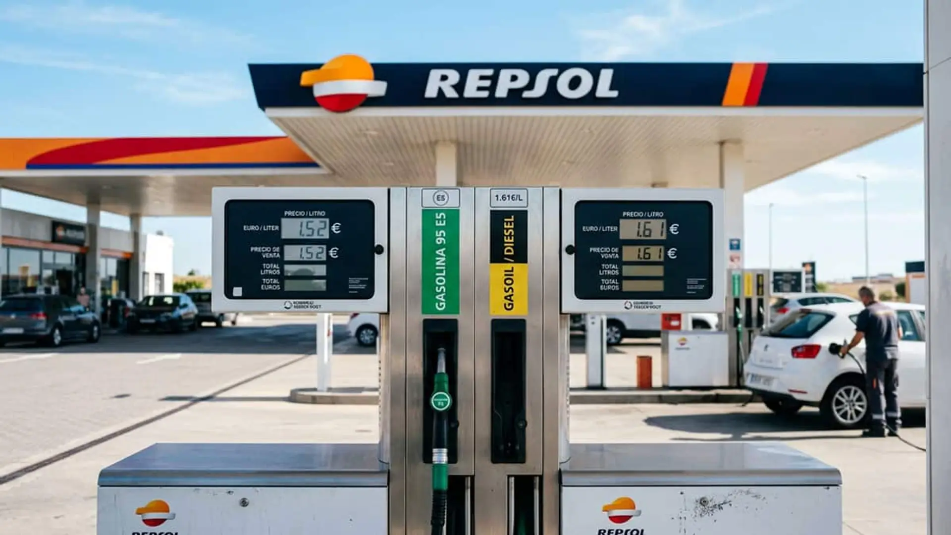 18 días con el precio de los carburantes a la baja: por qué pueden subir 29 céntimos en julio Surtidores de gasolina y gasóleo en una gasolinera de Repsol